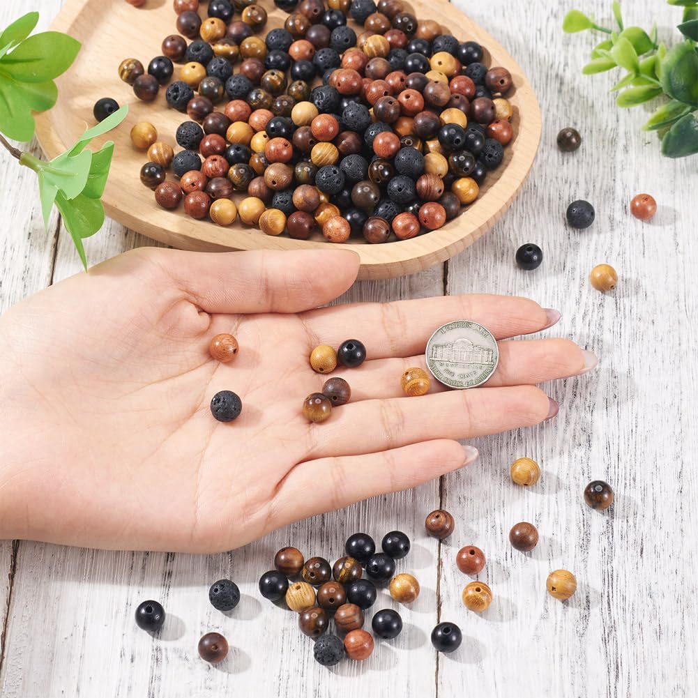 KISSITTY 300Pcs 6 Style Natural Wood Round Gemstone Beads Kit for Easter 8mm Lava Rock Bead & Grade AB Tiger Eye Wood Bead Natural Polished Wooden Ball Loose Beads for Men Bracelet Jewelry Making - Image 6