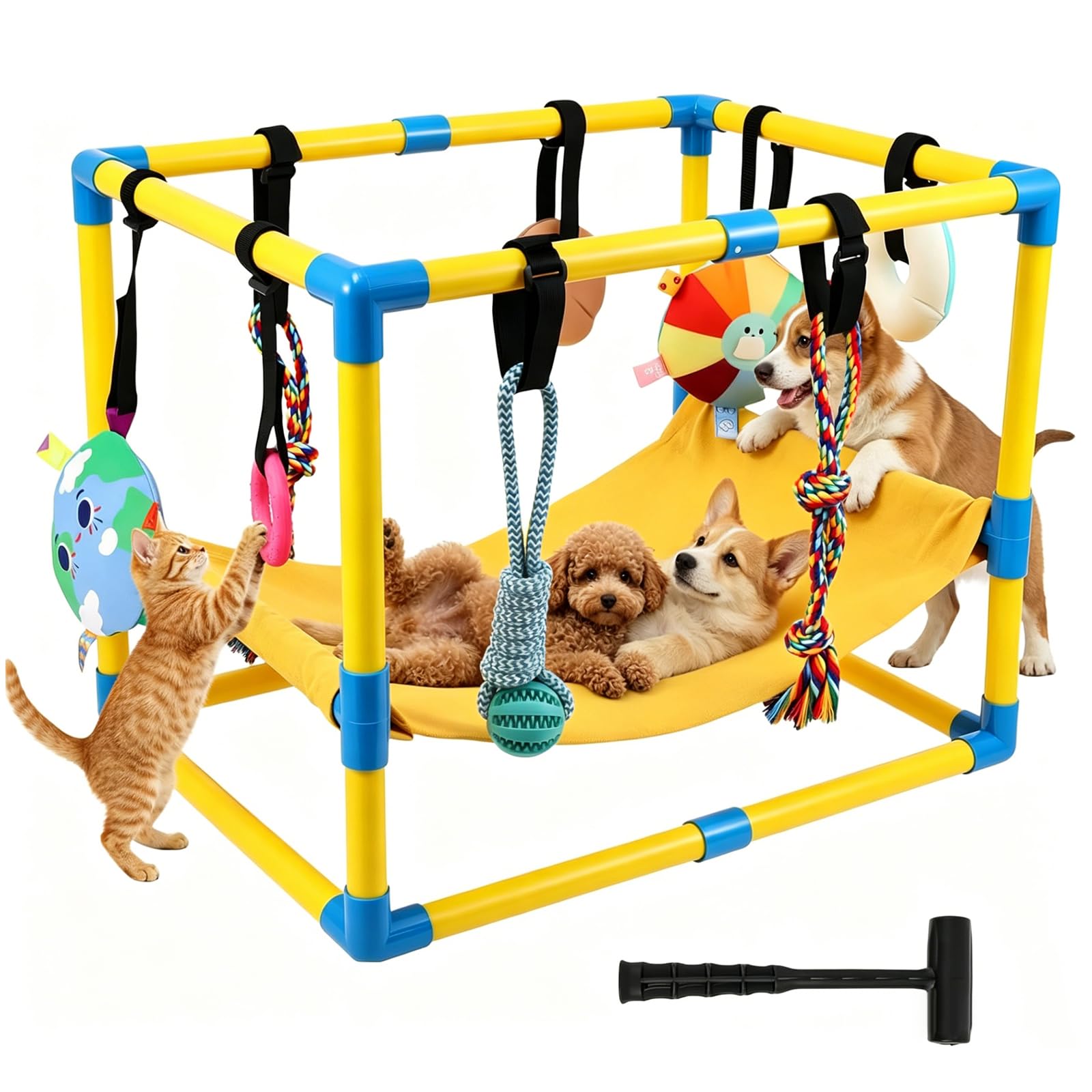 Parc de jeu pour chiots avec 8 jouets, aire de jeux jungle, aire de jeu pour chien avec cadre en PVC, salle de sport pour petits chiens, hamac pour divertissement pour l'entraînement et