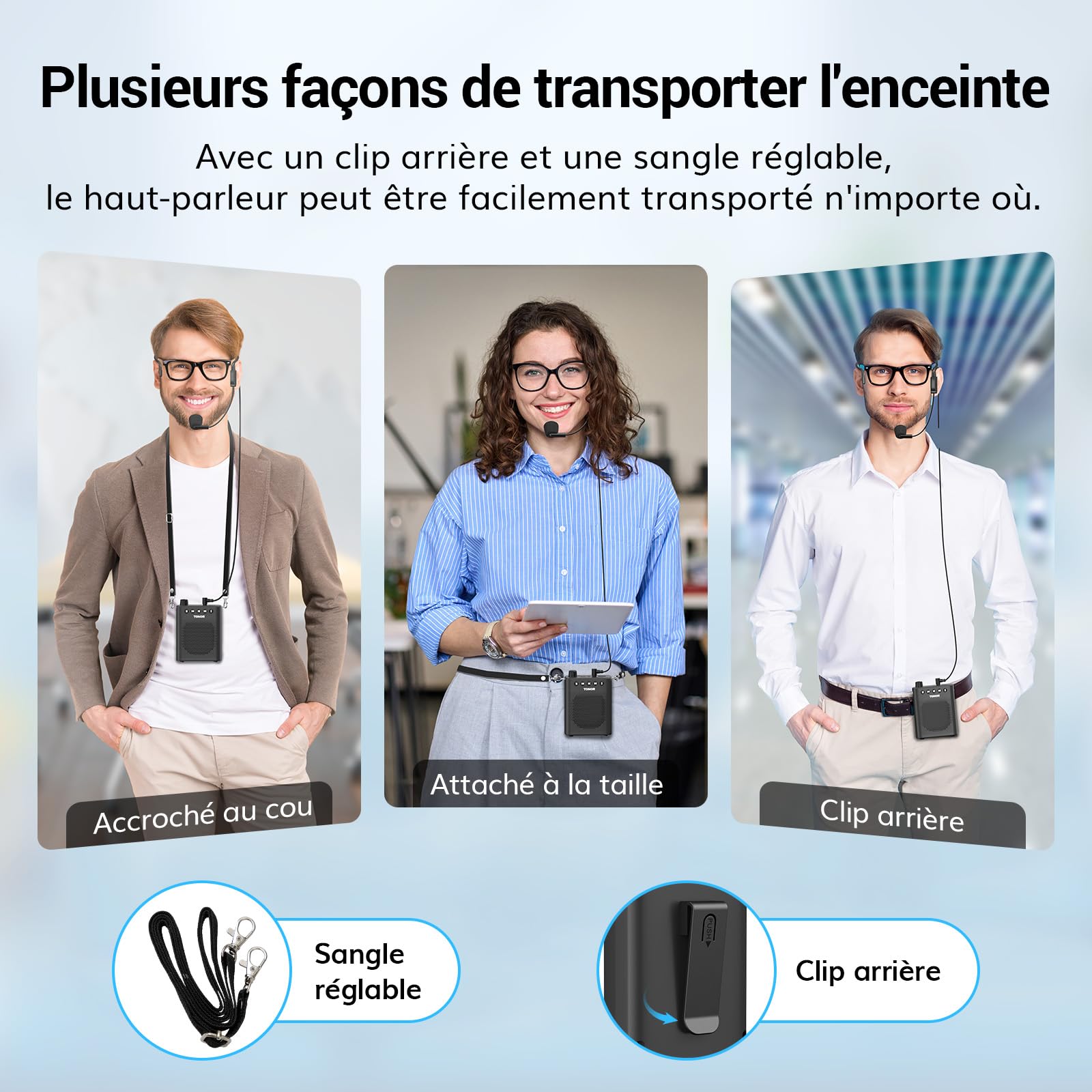 TONOR Amplificateur vocal portable pour enseignants, microphone Bluetooth rechargeable avec casque filaire et ceinture pour salle de classe/formation/yoga/discours/réunion/guides touristiques, 100 cm
