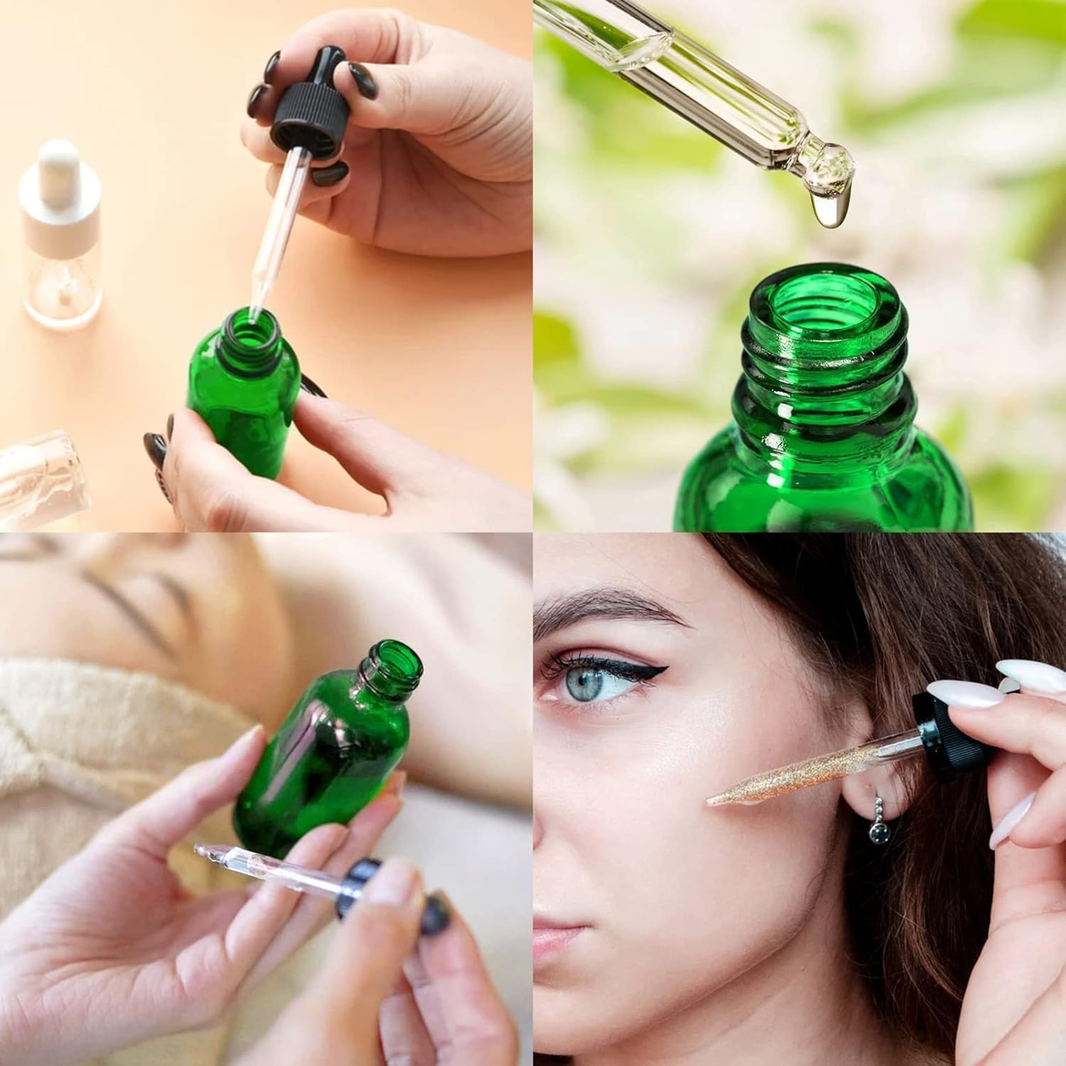AMJKEJI Butelki z pipetą 30 ml, butelka z lejkiem do pipety, butelka perfum z zakraplaczem, szklany zakraplacz do olejków eterycznych, perfum, aromaterapia, zielone, 12 sztuk