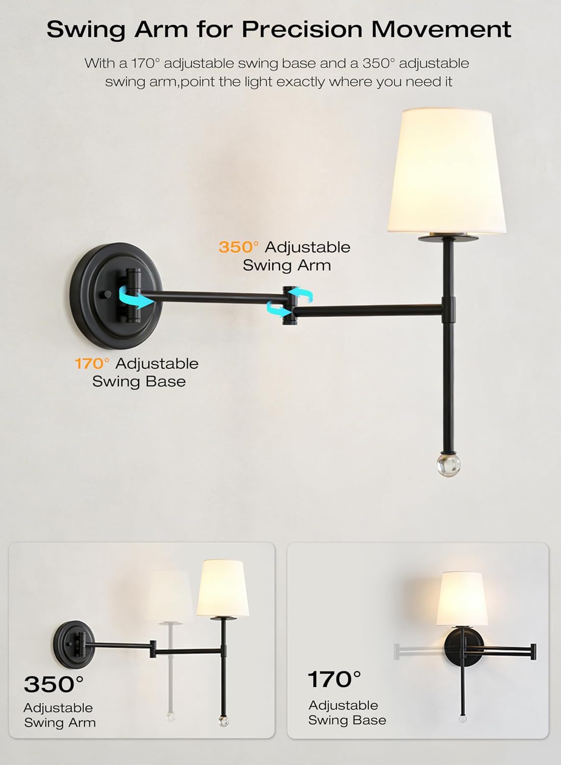 CLOUDY BAY Battery Operated Wall Sconces,Up to 100 Hours with Rechargeable 10000mAh RGB Dimmable Magnetic Bulb,Cordless Wall Lighting Fixtures with Remote for Bedroom,Black,2 Pack-18.6inch