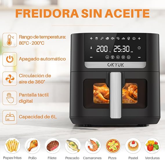 OKYUK Heißluftfritteuse 6L Airfryer XL - 1200W Friteuse ohne Öl mit Metall-Innenraum Heissluftfriteuse Air Fryer 8 Programmen Digitales LED-Display Timer Benutzerfreundlich 80-200°C