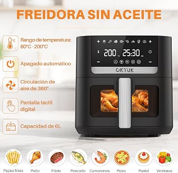 OKYUK Heißluftfritteuse 6L Airfryer XL - 1200W Friteuse ohne Öl mit Metall-Innenraum Heissluftfriteuse Air Fryer 8 Programmen Digitales LED-Display Timer Benutzerfreundlich 80-200°C