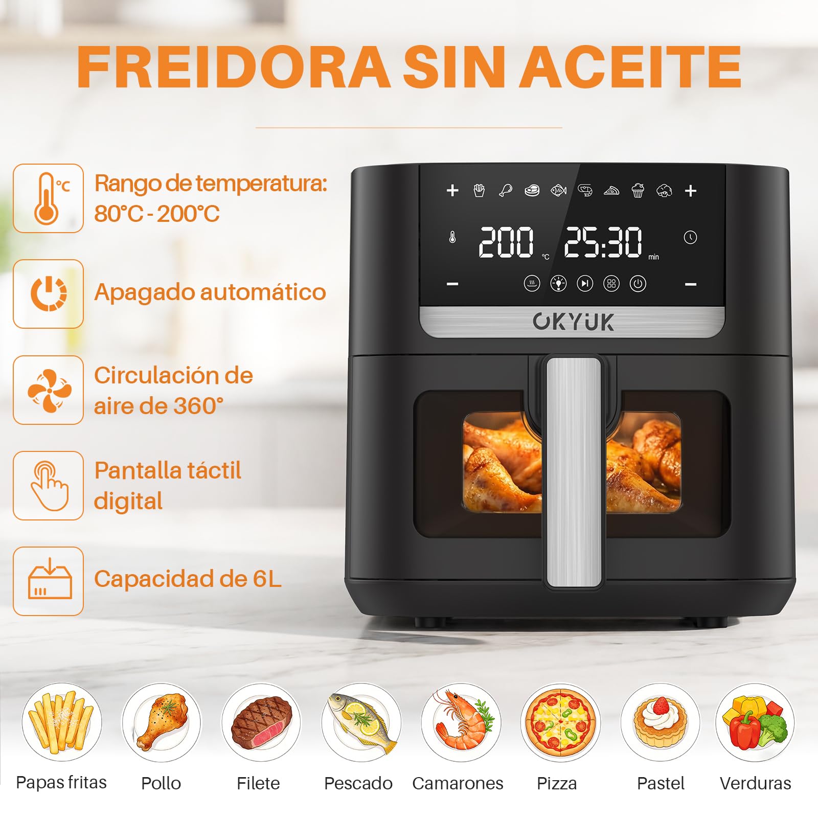 OKYUK Air Fryer 6L, Friteuse Huile 8-en-1 avec Fenêtre de Visualisation, 1200W avec Ecran Tactile Digital, Réglable 80-200°C, 90% de Matières Grasses en Moins, Nettoyage Facile