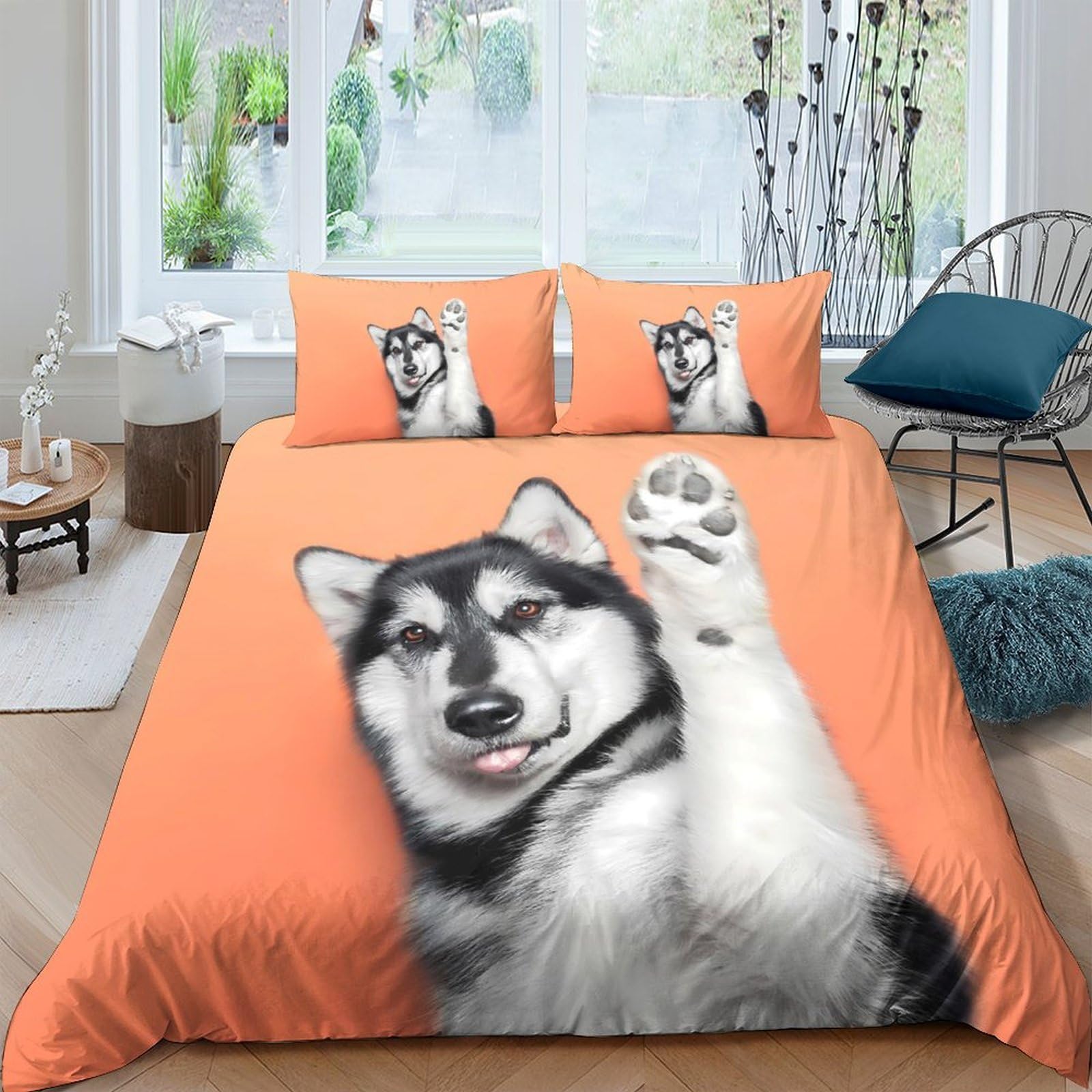 Ctjqhvkz Style-6 3D Printed Husky Dog Fitted Sheet Microfiber Orange Cartoon Paw Bed Sheet Anti-Slip Machine Washable Bedroom Decor Mattress Protection Single（135X200cm）