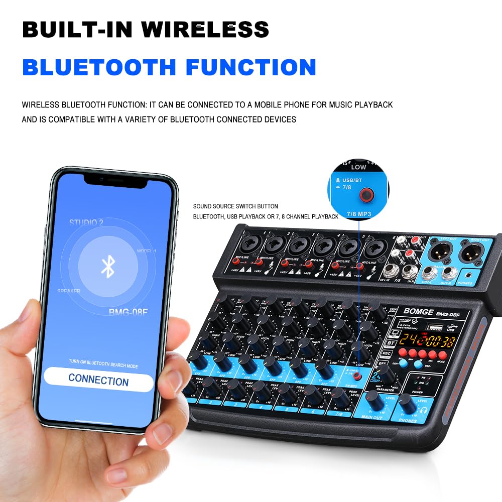 BOMGE 8 channel mini audio mixer Line Mixer ，DC 5V，with MP3 Player,Bluetooth, U disk 48V,24DSP effects, USB recording Ideal for Small Clubs or Bars, Studio Recording (8 channels-BLACK)
