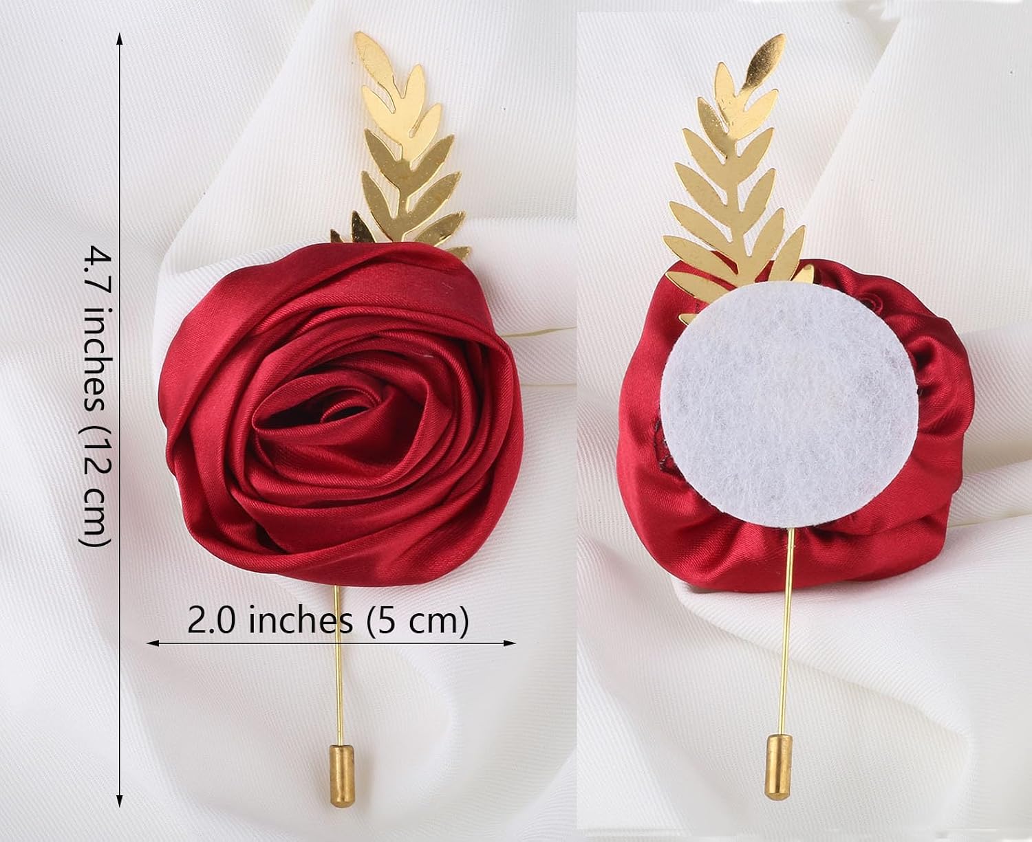 Faux Silk Rose Men Suit Boutonniere, Artificial Flower & Golden Leave Brooch Lapel Pin for Groom Groomsman Wedding Prom Dance Homecoming Party