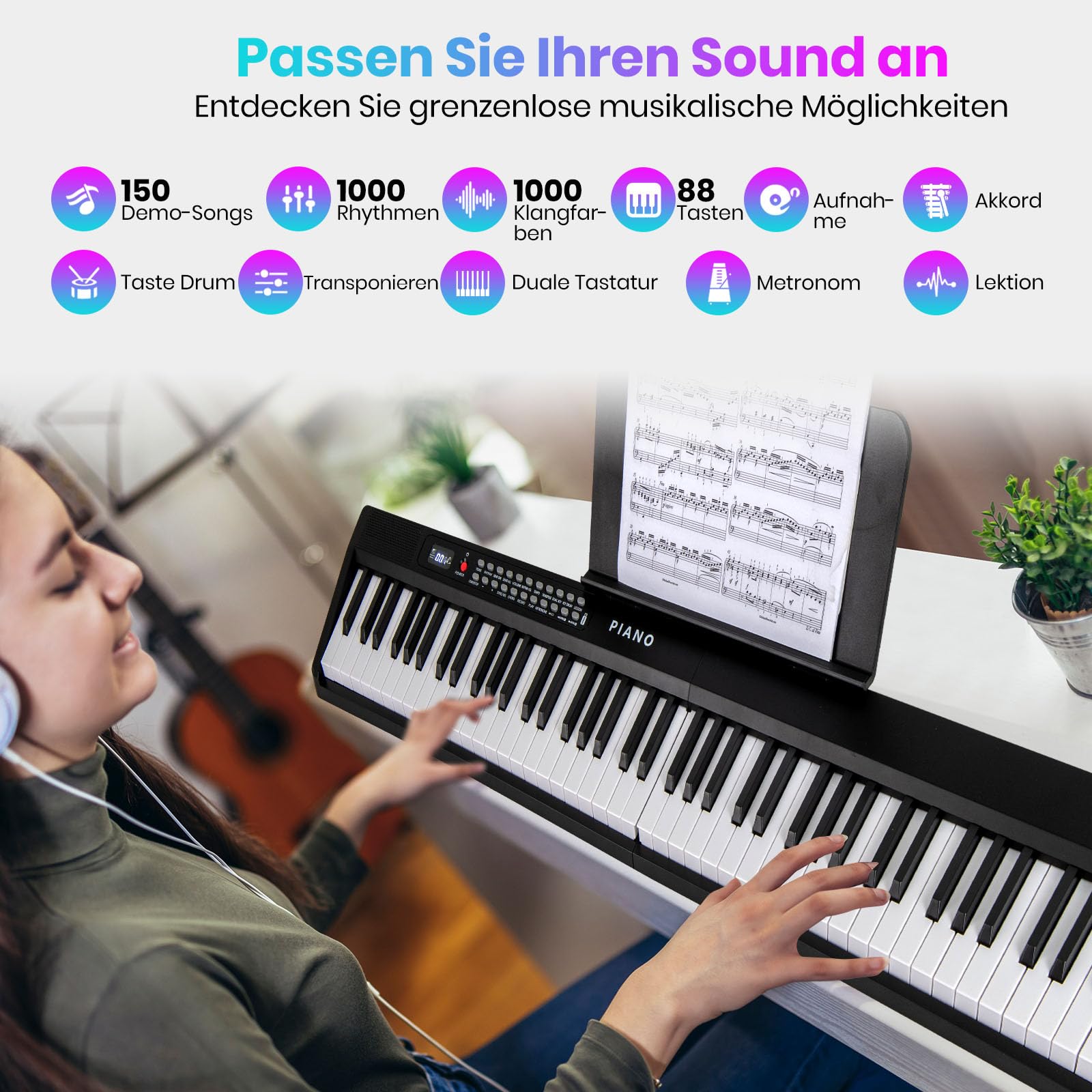 GOPLUS Elektronisches Klavier mit 88 Tasten, zusammenklappbares Digitalpiano mit Aufbewahrungstasche, Notenständer & Mikrofon, tragbares Keyboard in voller Größe für Kinder & Erwachsene (Schwarz)