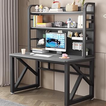 Desk with Shelf, Gaming Desk with Hole Board, 23.6 inches 60 cm Top, Bookshelf Included, K-Shaped Carbon Steel Table Legs, Reinforced Cross Bars, Includes Pegboards, Multi-Layer Storage Space
