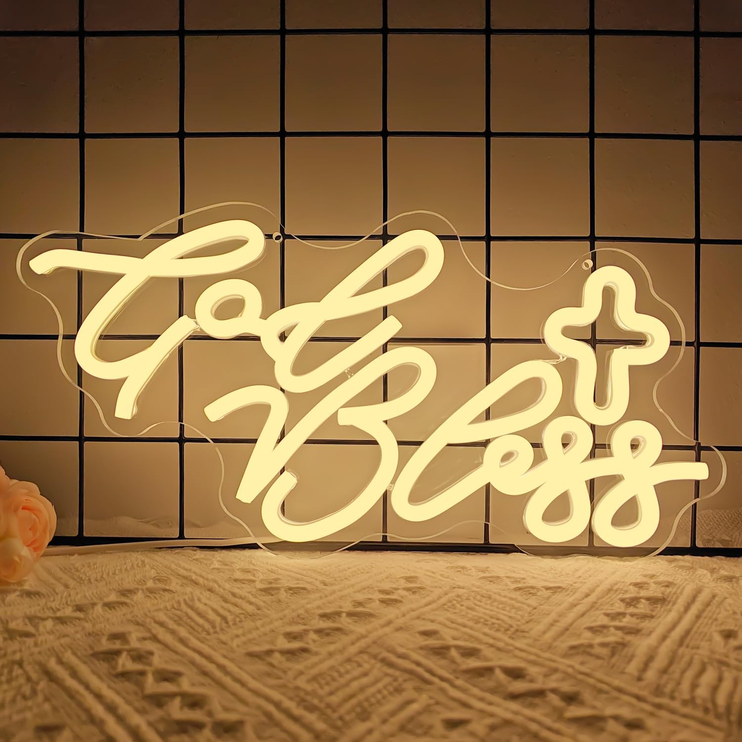 God Bless Neon Sign for Wall Decor Dimmable Cross Led Sign Blessed Neon Light Led Light Sign for Bedroom Light Up Signs for Birthday Party Christmas Gifts