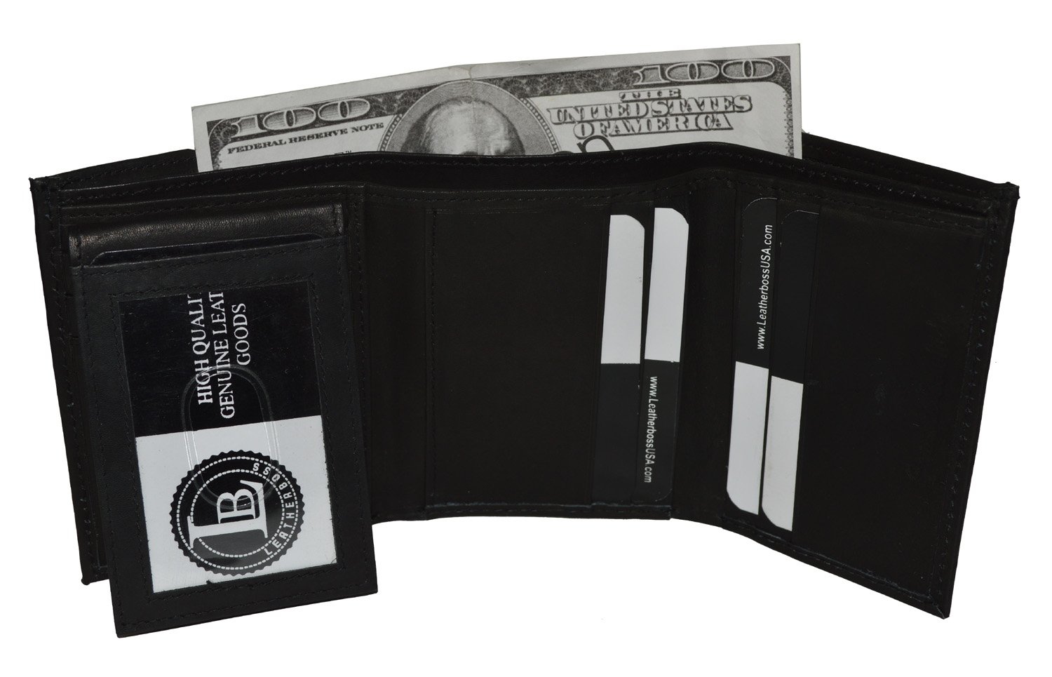 Leatherboss Men's Trifold Wallet with Pull Out Id - Black 3.7/8"x 3"