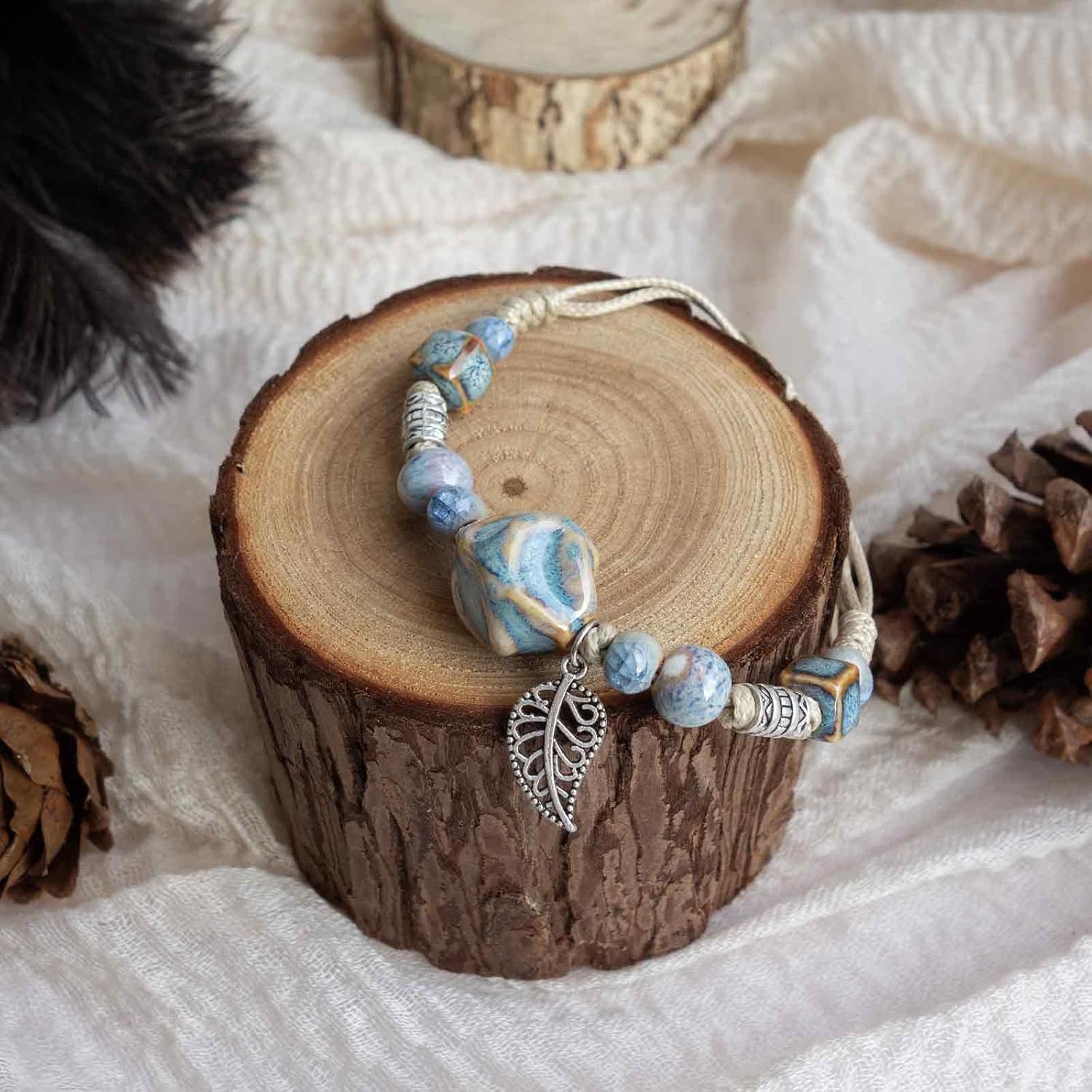 Boho Navy Blue Ceramic Beads Bracelet with Leaf Charm, Adjustable Bohemian Friendship Bracelet for Men and Women, Handmade Hippie Jewelry Gifts - Image 4