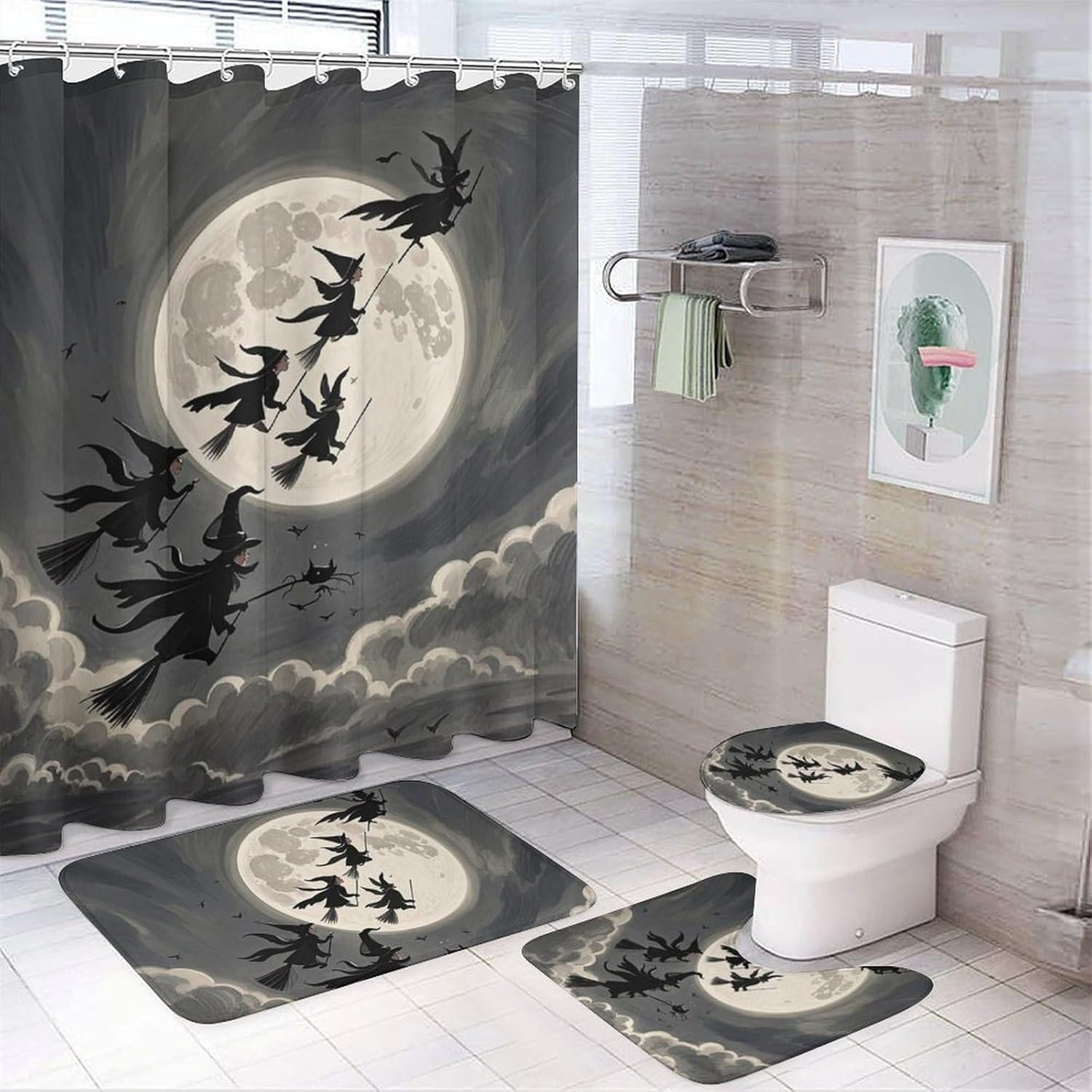 Witches Gather Shower Curtain Set 4 Piece, Non-Slip Bath Mat with Toilet Lid Cover and Waterproof Shower Curtain with 12 Hooks, Complete Bathroom Set for Home Decor