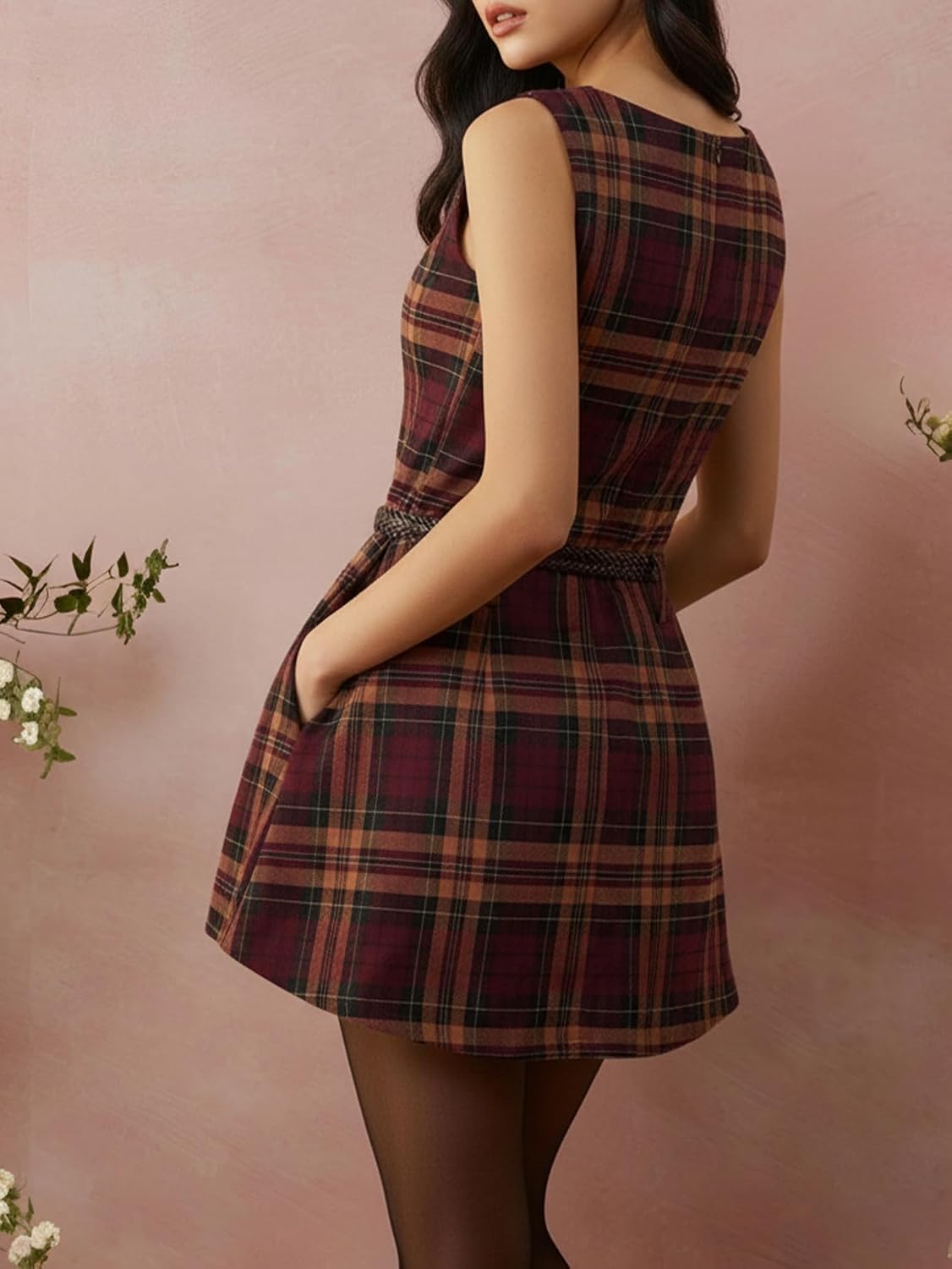 SHENHE Women's Plaid Dress Pleated A Line Sleeveless Elegant Flared Business Work Short Dress