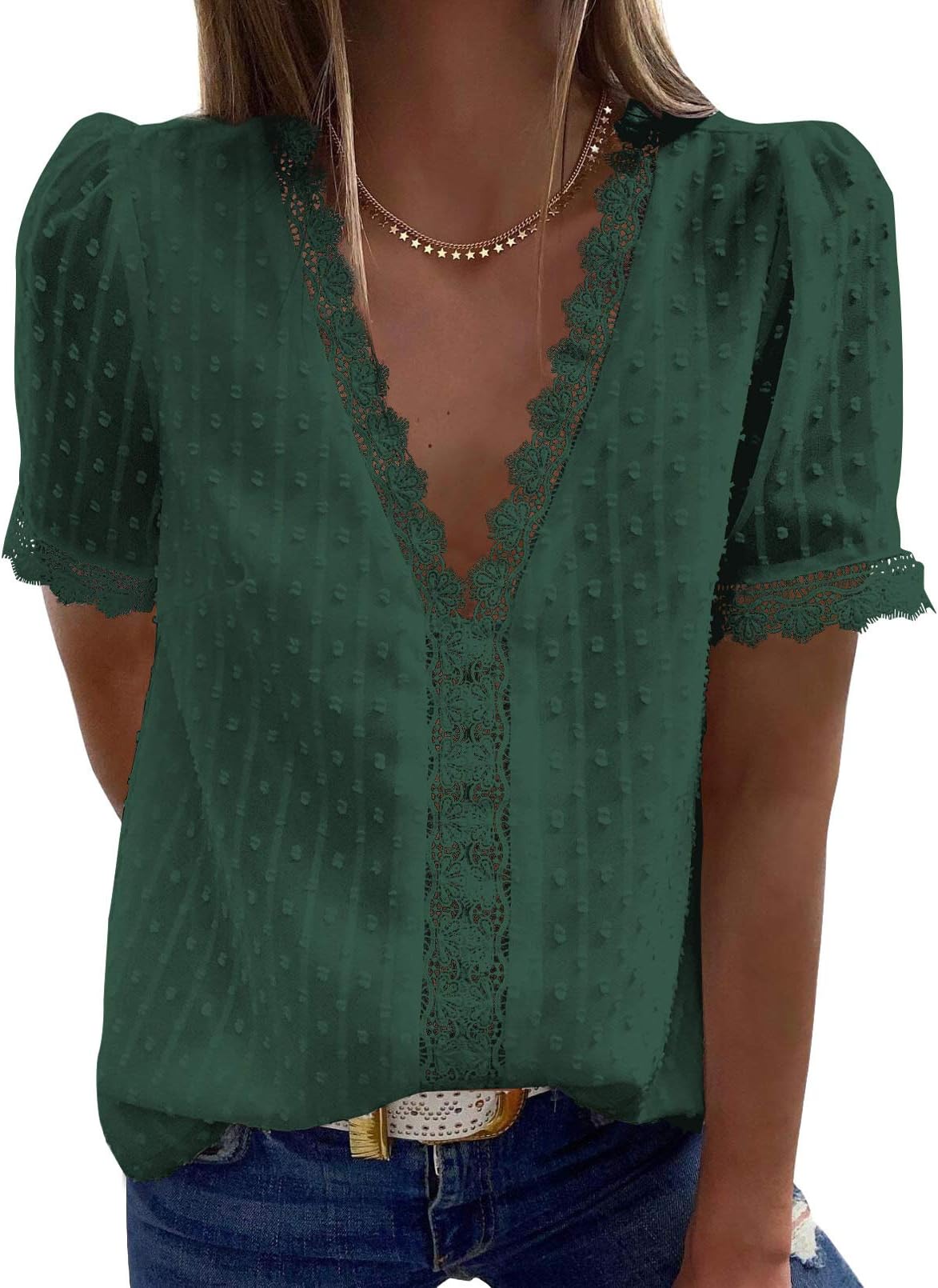 FARYSAYSWomens Summer Lace Tops Short Sleeve V Neck Polka Dot Blouses Shirts