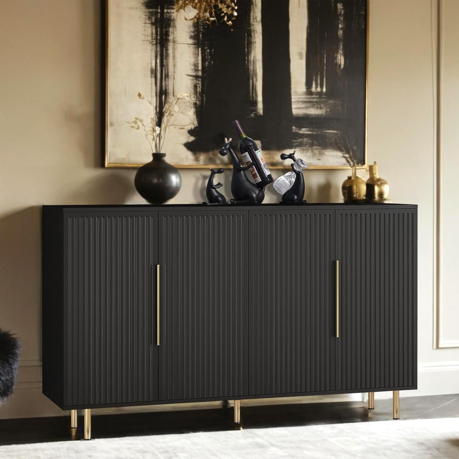 Sideboard Cabinet, 56" Large Buffet Cabinet with Storage, Wood Credenza Storage Cabinet with 4 Fluted Decorative Doors and Adjustable Shelves, for Living Room, Kitchen, Entryway, Black