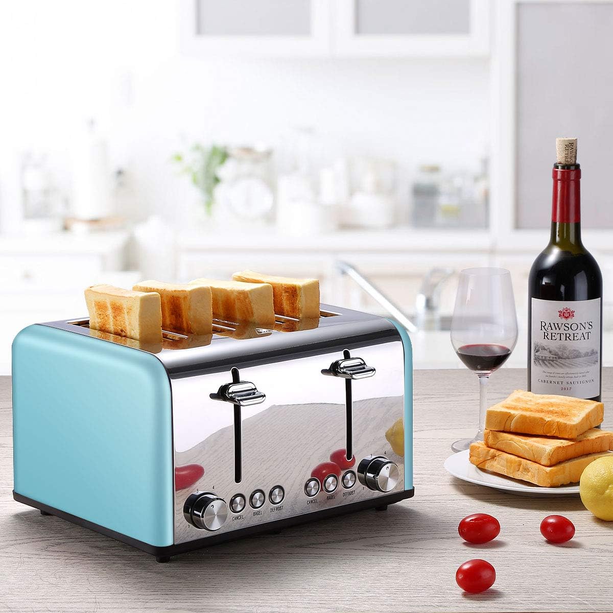 4 Slice Toaster, CUSIBOX Extra Wide Slots Toaster with Bagel, Defrost, Cancel Function, Colorful Stainless Steel, 6 Bread Shade Settings, 1650W, Blue