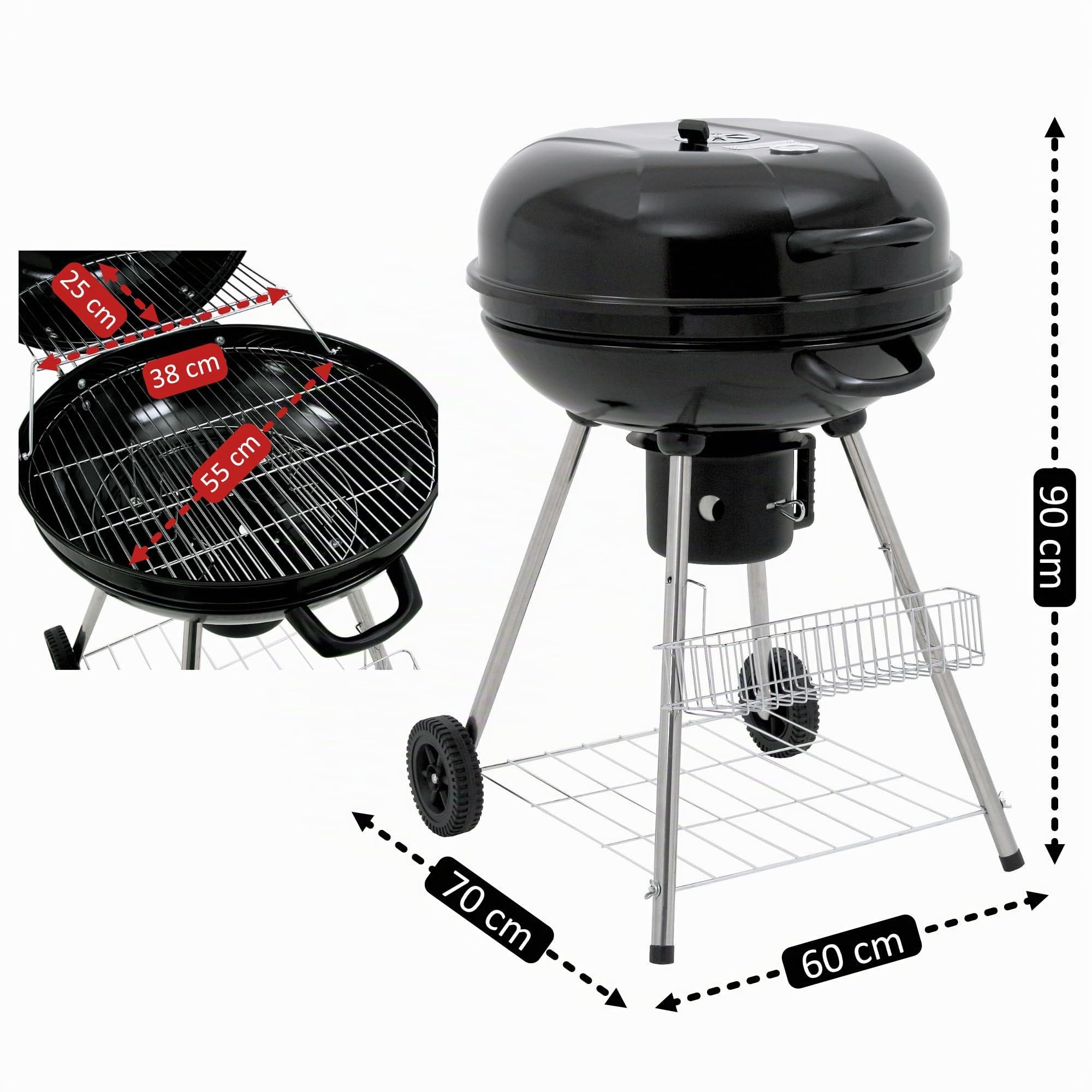 BBQ-Toro Barbacoa de Carbón con Tapa, Termómetro y Regulador de Aire "Birch" | 57 cm | Superficie de Parrilla Ø 55 cm | Barbacoa Portátil | Barbacoa con Ruedas | con 2 Parrillas, Estante y Canasta