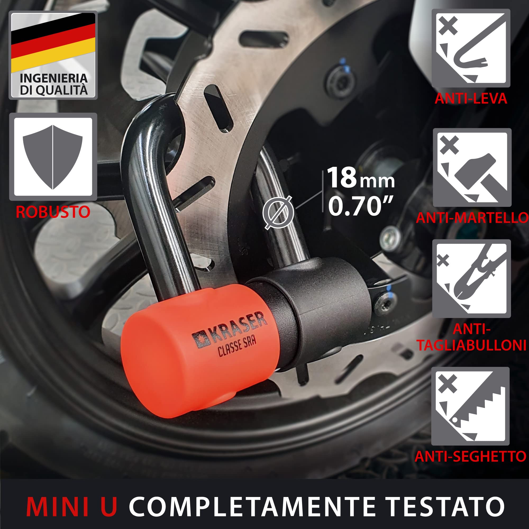 KRASER KR50+120L Catena Moto Antifurto Blocco Disco Omologato Sra Mini U Solid Bloccadisco Ø18 Set Incatenato 120 cm Ø10 Sistema ad Anello Multifunzione Motociclo Bicicletta Elettrica