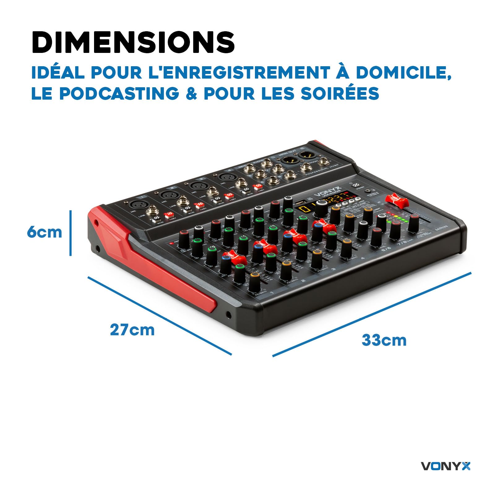 Vonyx VM-KG08 Console de Mixage 8 Canaux - Avec Bluetooth, Lecteur MP3, Interface Audio USB, Processeur de Son, Alimentation Fantôme, Écran LED, Idéal pour les Bars, Petite Salles de Concerts
