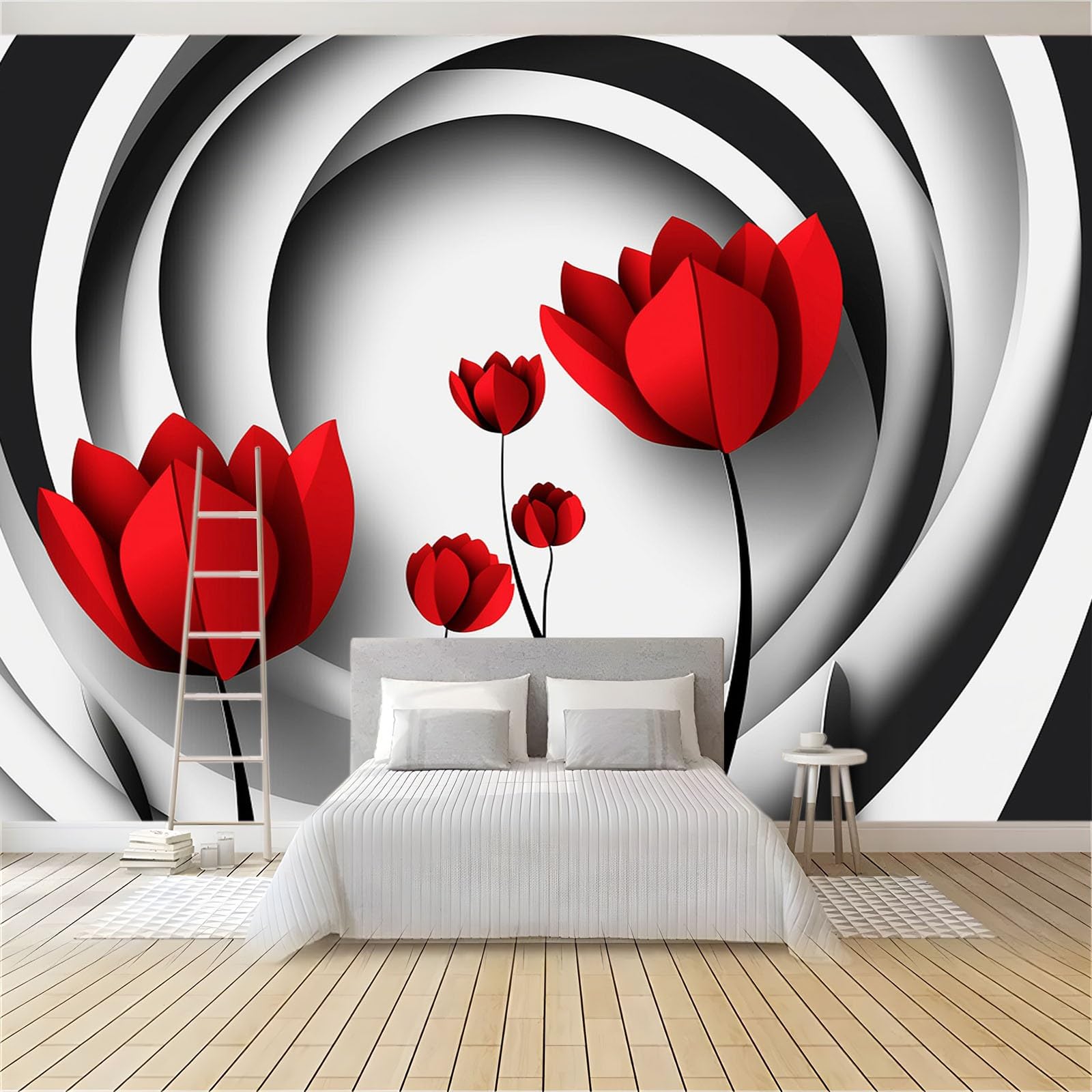 Genérico Tapeta Czerwone Tulipany Trójwymiarowe Paski Fototapety Włóknina 250 x 175 cm Fototapety Dekoracyjne Fototapety Ścienne Efekt 3D Dekoracyjny Salon Tapety Kuchnia