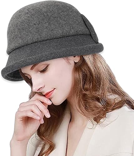 Miniatura 5 de Sombrero de iglesia Cloche vintage de los años 20 para mujer con borde elevado de fieltro de invierno con bolos plegable plegable