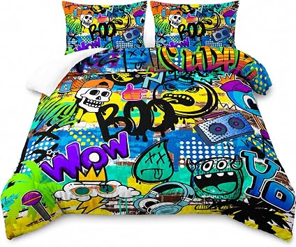 AILONEN Cartoon Skull Bedding Set Twin Size, Graffiti Theme Spray Paint Ink Textured Silhouette Comforter Set,Hip-Hop Style Soft Breathable Duvet Set for Boys Girls 3Pcs, 1 Quilt and 2 Pillowcases
