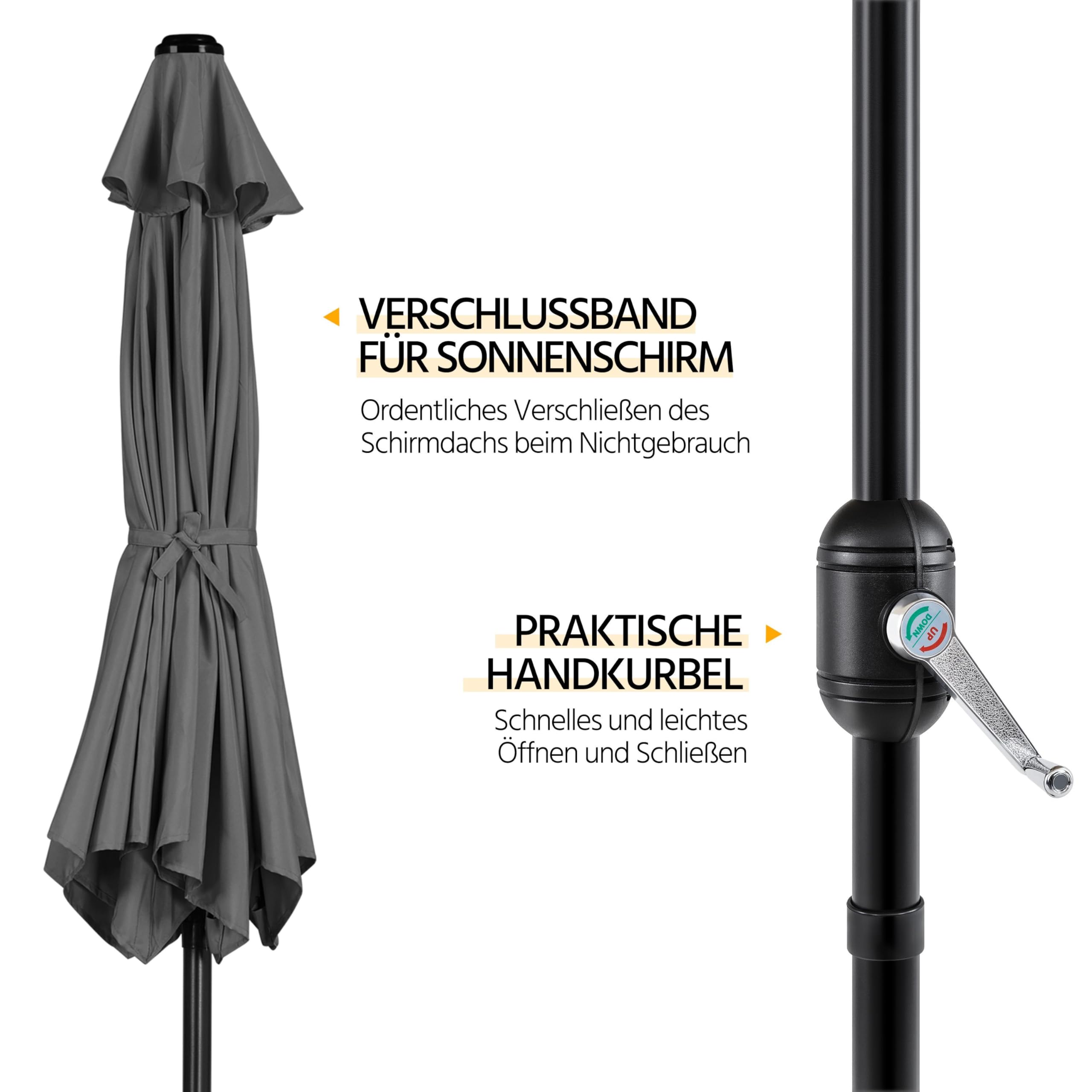 Yaheetech Sonnenschirm 226 cm Rund Gartenschirm mit Kurbel UV Schutz Terrassenschirm Neigbar Kippbar Kurbelschirm UPF 50+ für Balkon/Terrasse/Markt/Garten, ohne Ständer, Grau