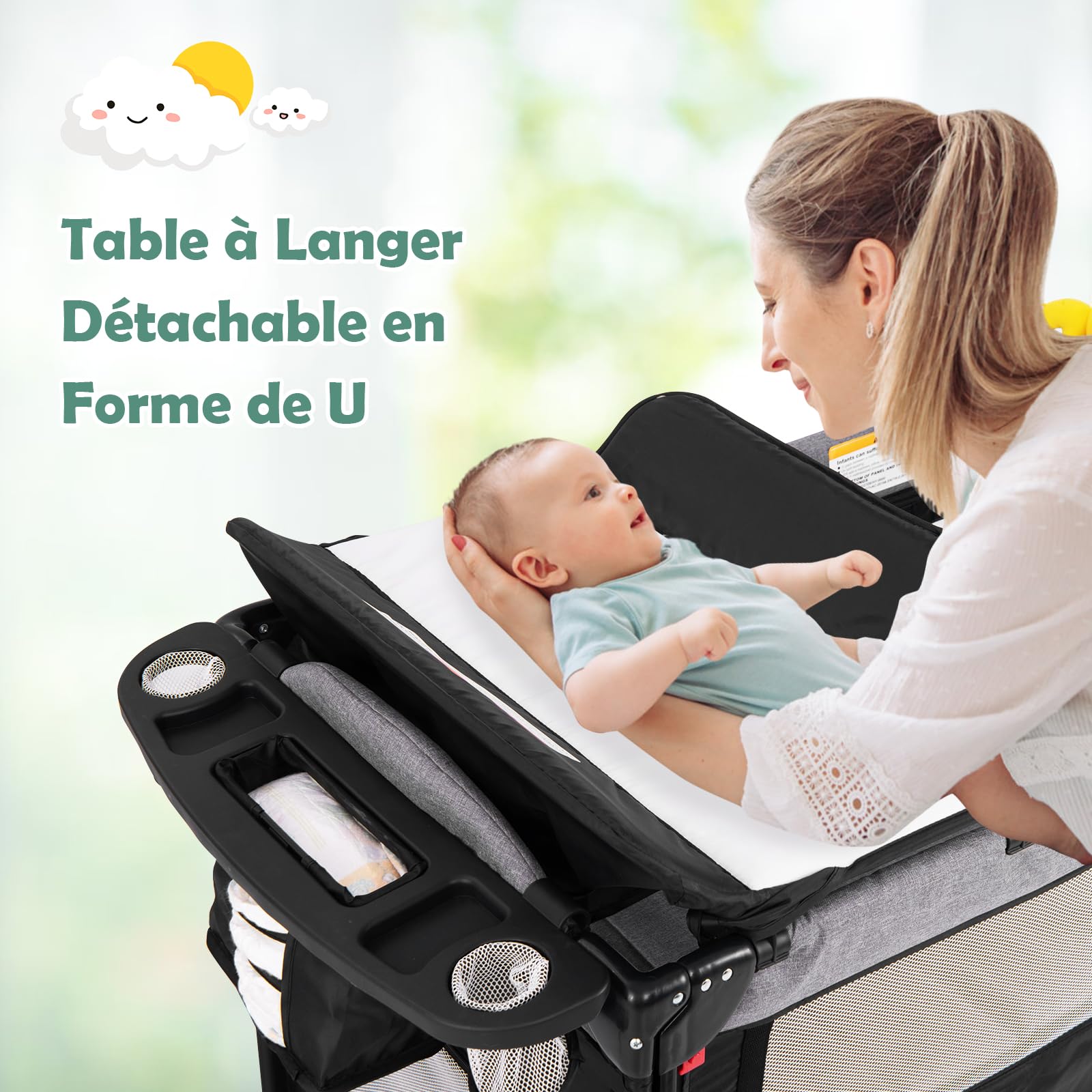 COSTWAY 5 en 1 Lit Parapluie Bébé avec Matelas & Table à Langer, Lit Bébé Evolutif avec 4 Hauteurs Réglables, 3 Jouets Suspendus & Boîte à Musique, Roues avec Freins, Charge Max 15kg, 0-36 Mois