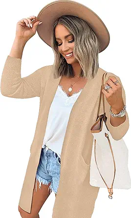 ECOWISH Womens Cardigan Color Block Striped Draped Kimono Cardigans Long Sleeve Open Front Casual Knit Sweaters Coat Outwear