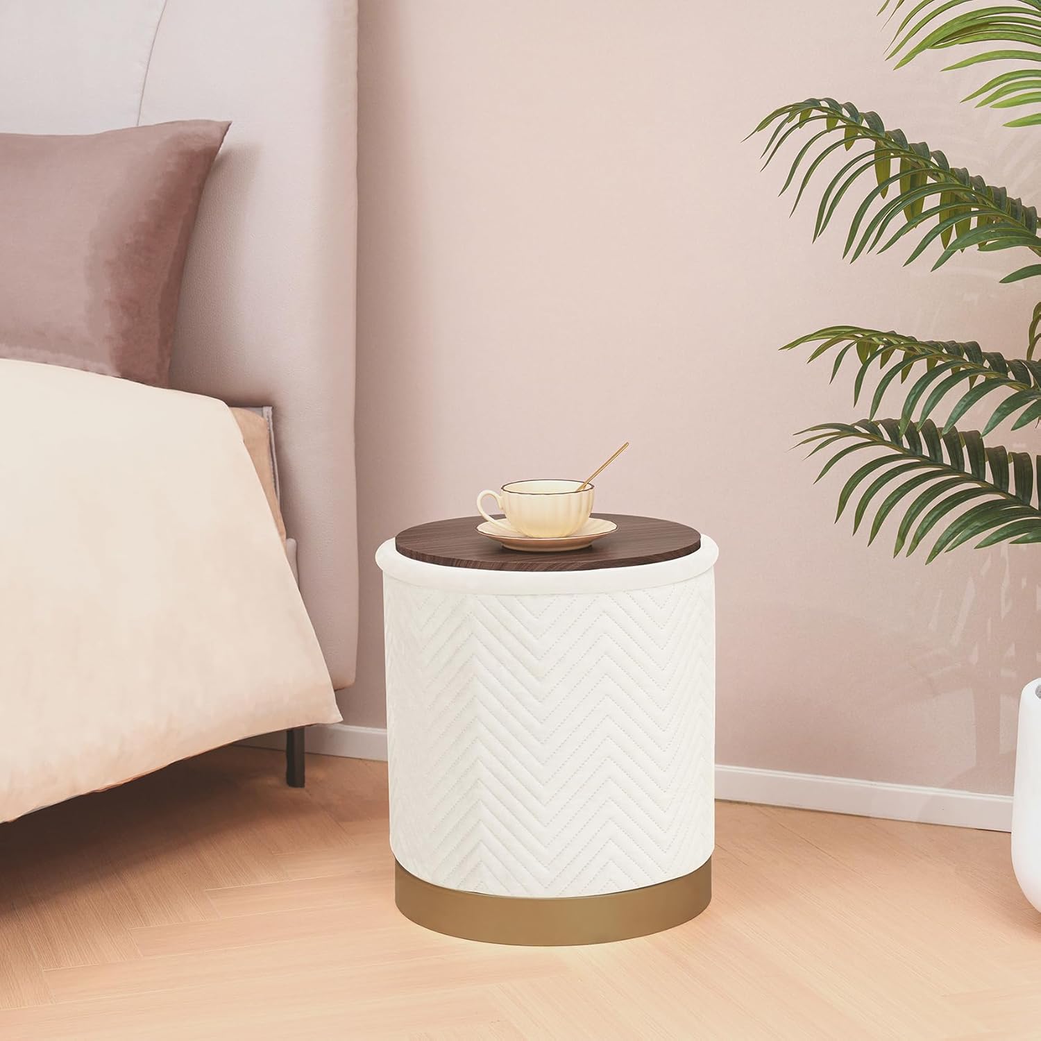 Round Velvet Storage Ottoman with Tray Lid, 16.3" Foldable Ottoman Footstool with Metal Base, Upholstered Storage Footrest for Dorm Living Room Bedroom, White