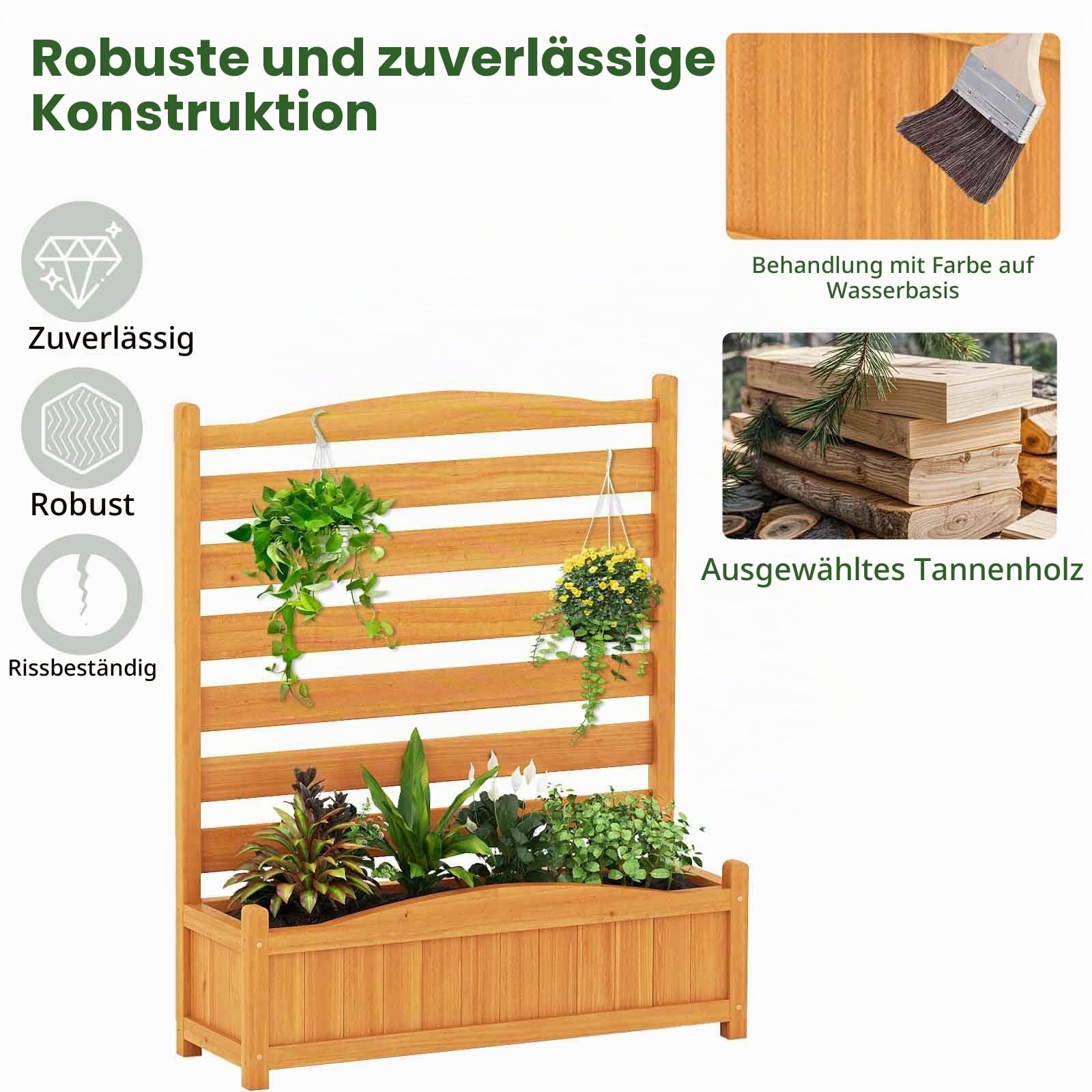 HOMASIS 2 Blumenkästen mit Gartenzaun, Holz Pflanzkasten mit Sichtschutz, Hochbeet mit Spalier & Abluflöchern, DIY modulare Pflanzkübel mit Gartenspalier für Garten Balkon Terrasse (2 Zäune)