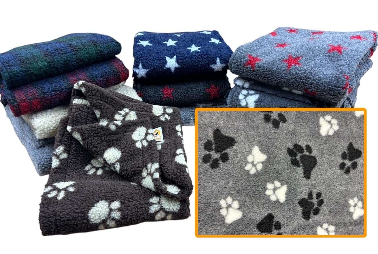 Soft & Cosy Sherpa Fleece Pet Blanket, Luxurious Double Layered Warm Dog Blanket/Throw, MACHINE WASHABLE, Many Colours & Sizes (Grey with Black & White Paws, XXL - 150cm x 150cm)