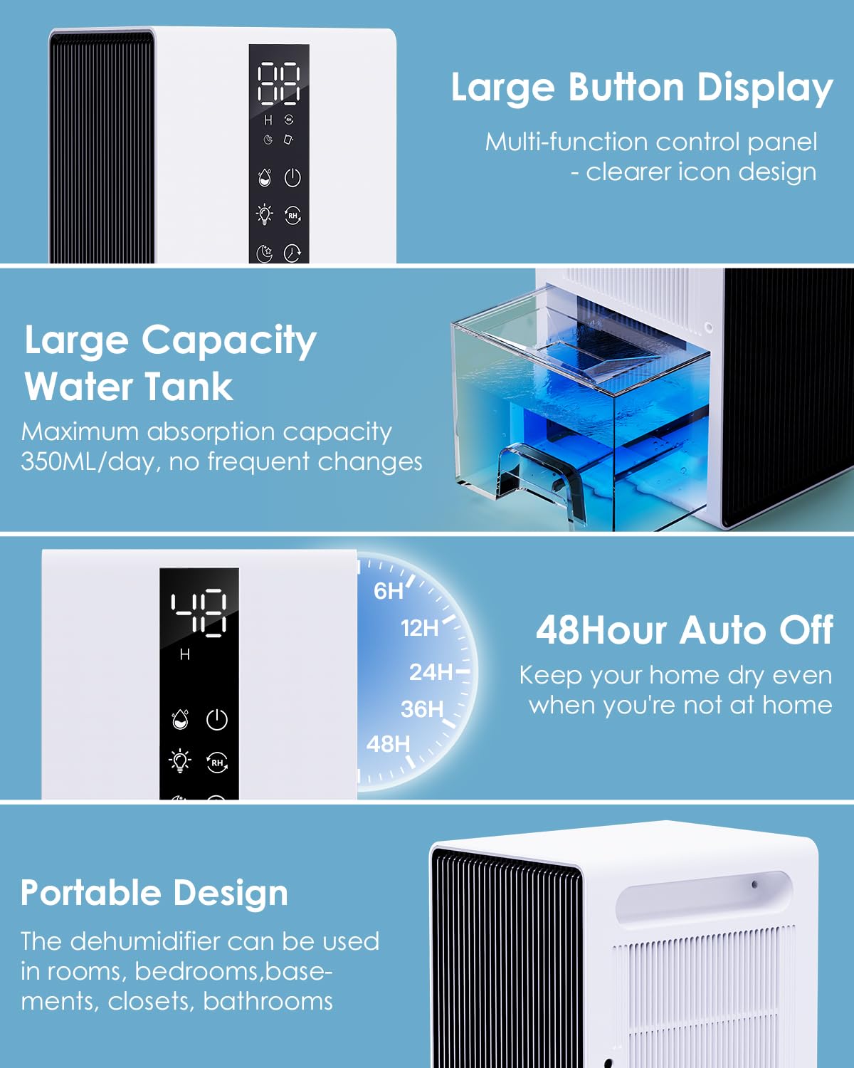 Deshumidificateur d Air avec 1800ML - Déshumidificateur Électrique 2 Vitesses et 2 Modes, Dégivrage Automatique et Arrêt Automatique, Minuterie 6-48H et Éclairage RGB - pour Salle de Bain et Chambre