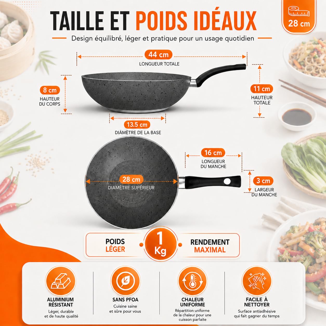 TEHORNEO Wok Induction, Wok, 28 cm Aluminium Antiadhésif Sans Pfas, Poele Wok, Poele Wok Induction, Woks et Poêles à frire, Wok 28 cm, Compatible avec Induction, Vitro, Gaz et Électriques