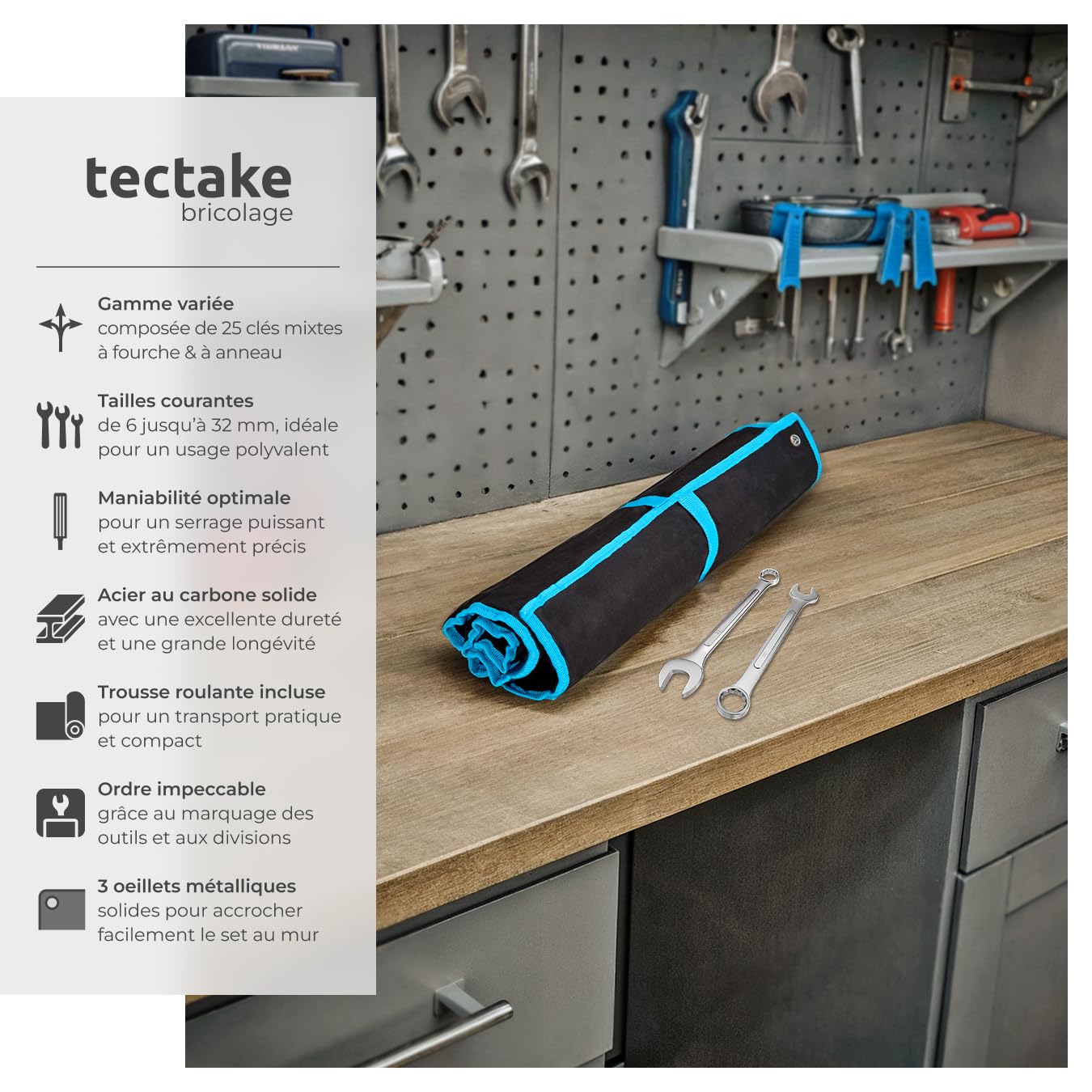 tectake® Lot 25 Clés mixtes Clés polygonales 6 à 32 mm en Acier-Carbone résistant, Jeu de clef plate Outils bricolage Outillage Outils Cle plate cle mixte, Trousse de rangement incluse, Noir/Bleu