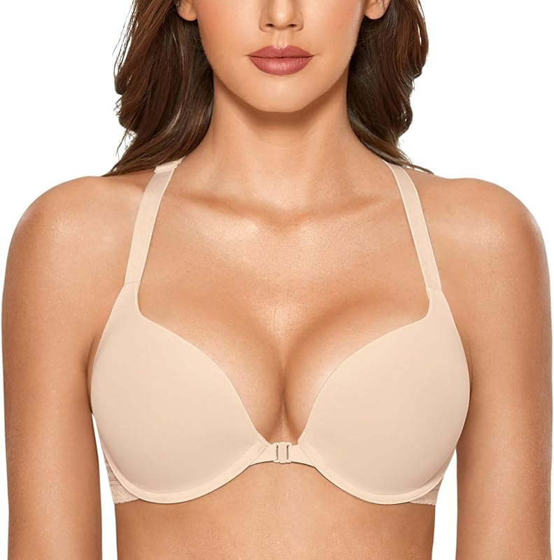 DOBREVA corpiño push up con cierre frontal y espalda cruzada para mujer | Espalda de encaje, Acolchado, Inmersión, remera, Escote, Sexy, Cita, Suave, Todos los días, De apoyo