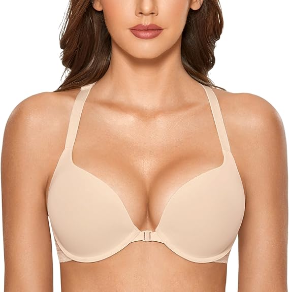 DOBREVA Women's Push Up Bra Racerback Front Closure Bras Plunge Underwire Tshirt Padded Lace