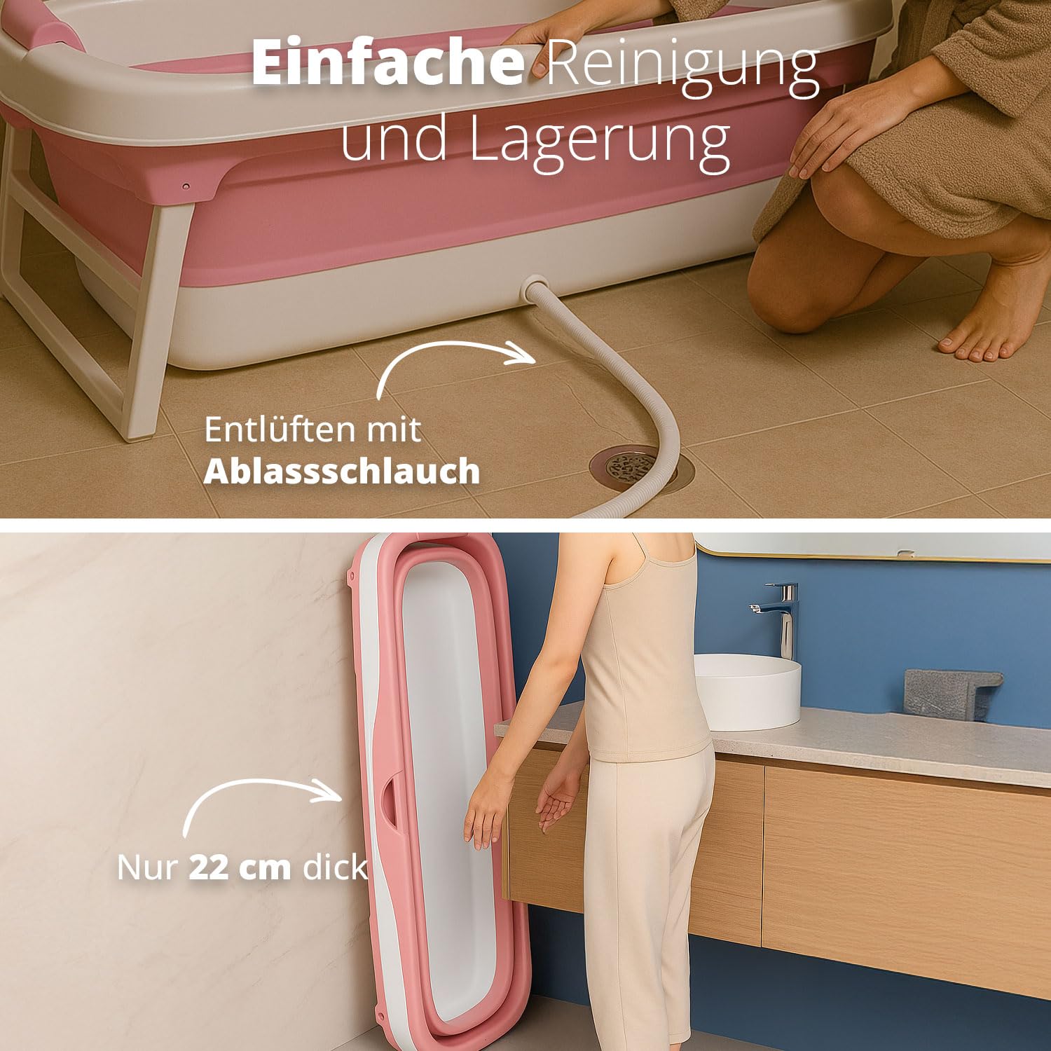 FLINQ Faltbare Badewanne XXL für Erwachsene - 158 x 60 x 53 cm - Klappbare Mobile Badewanne - Auch für Kinder Geeignet - Rosa