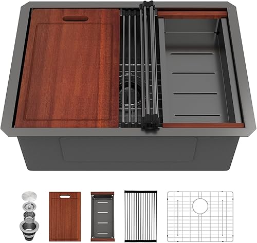 Miniatura 158 de Sarlai Fregadero de cocina de montaje inferior 21 x 19 pulgadas, repisa de fregadero de barra de montaje inferior, estación de trabajo, cuenco Acero