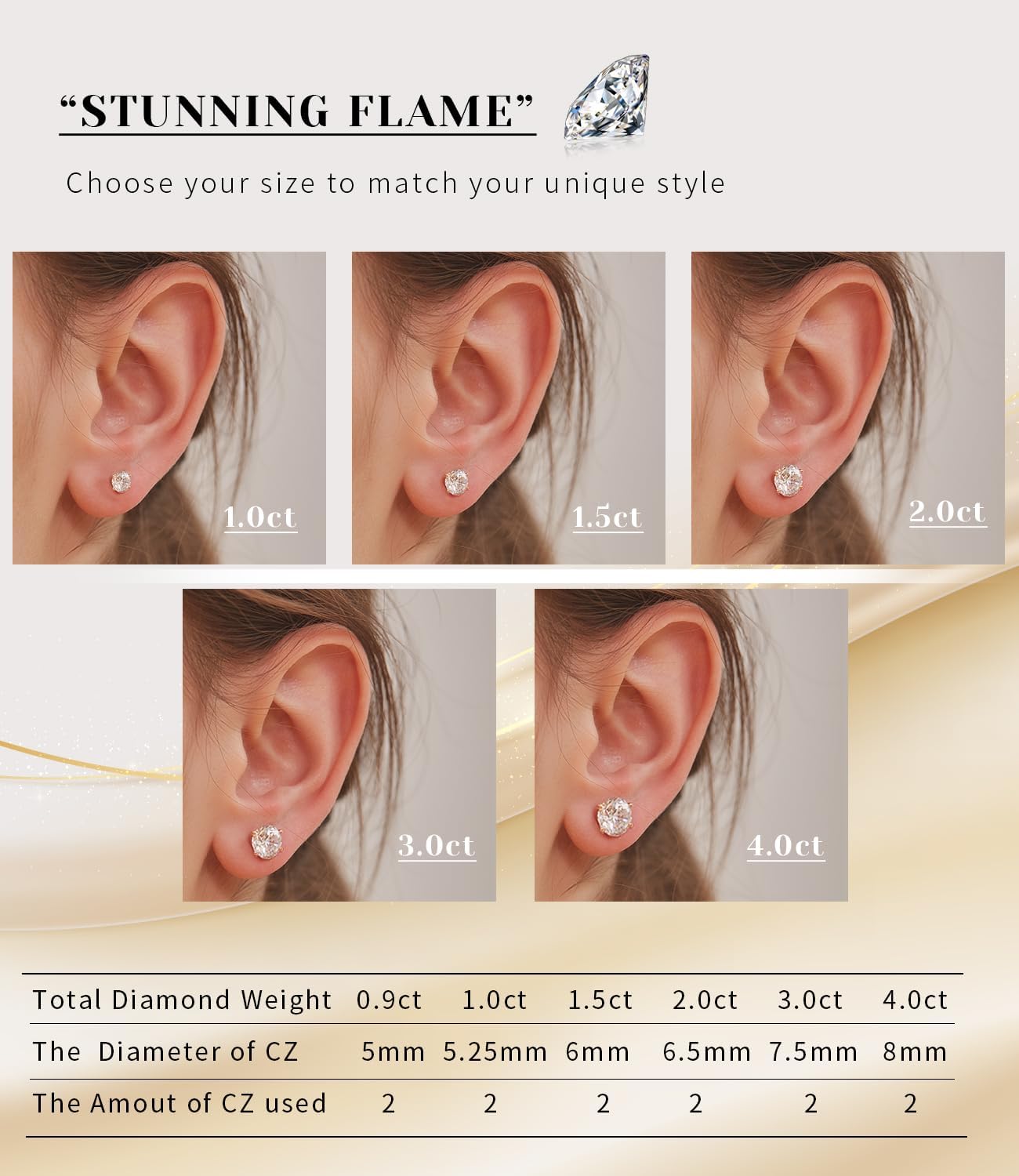 "STUNNING FLAME" Solid 14K Gold Post & Sterling Silver Round Cut Cubic-Zirconia Stud CZ Earrings | Hypoallergenic Jewelry - Image 6