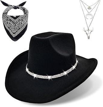 Western Black Cowboy Hats for Women Men, Fedora Wide Brim Rhinestone Cowgirl Hat with Bandana and Evil Eye Bull Head Necklace