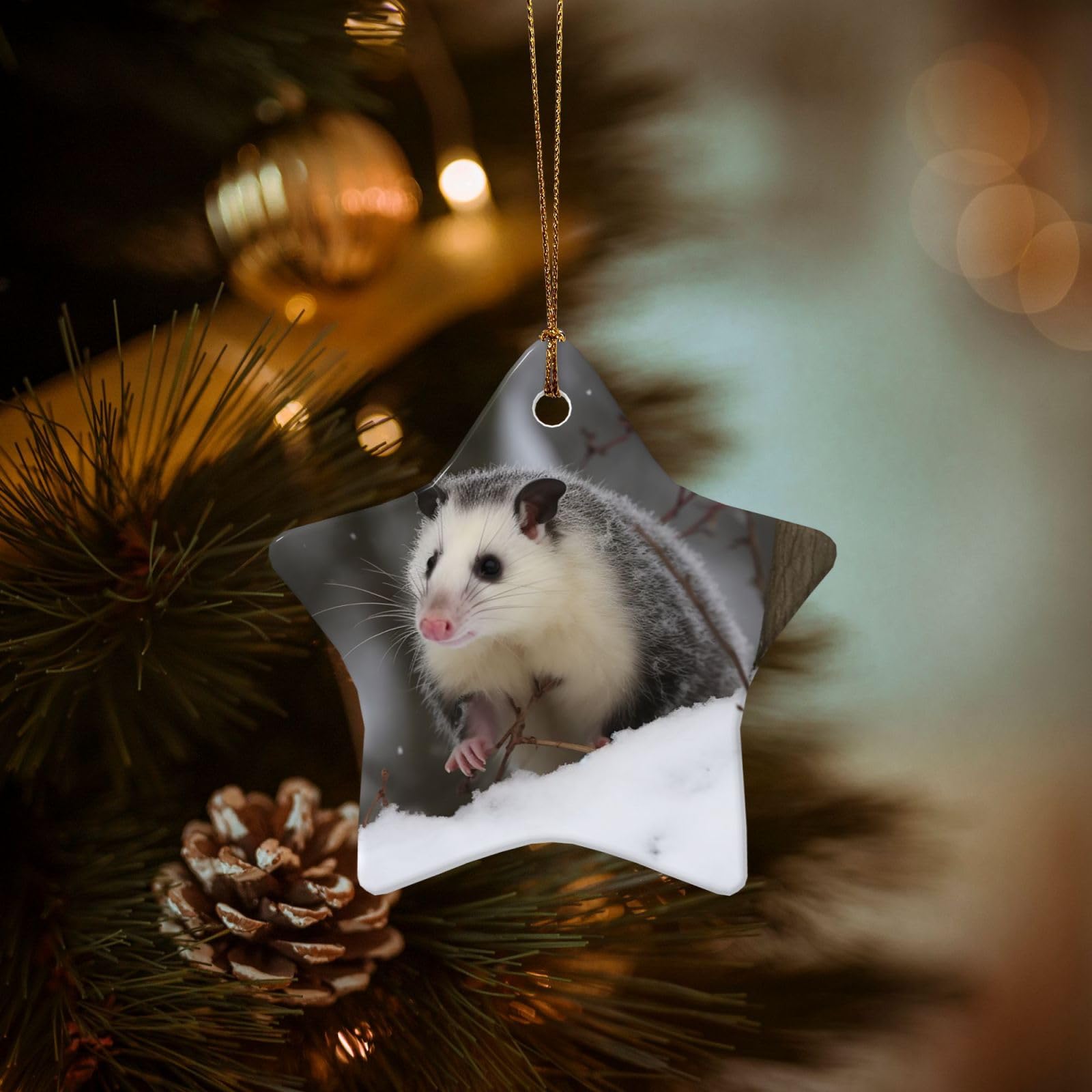 Christmas Ornaments for Christmas Tree Decoration Hanging Opossum in Snow Ornament with Gold Ribbon Crafts Star Shape Ceramic Pendant for Keepsake Gifts Xmas Decor Party Supplies