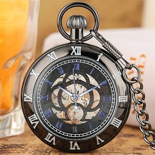 Pocket Watch Roman Numeral Display Mechanical Pocket Watch Hand Winding Pendant Watch Bronze/Black/Silver Steampunk Chain (Bronze) (Black)