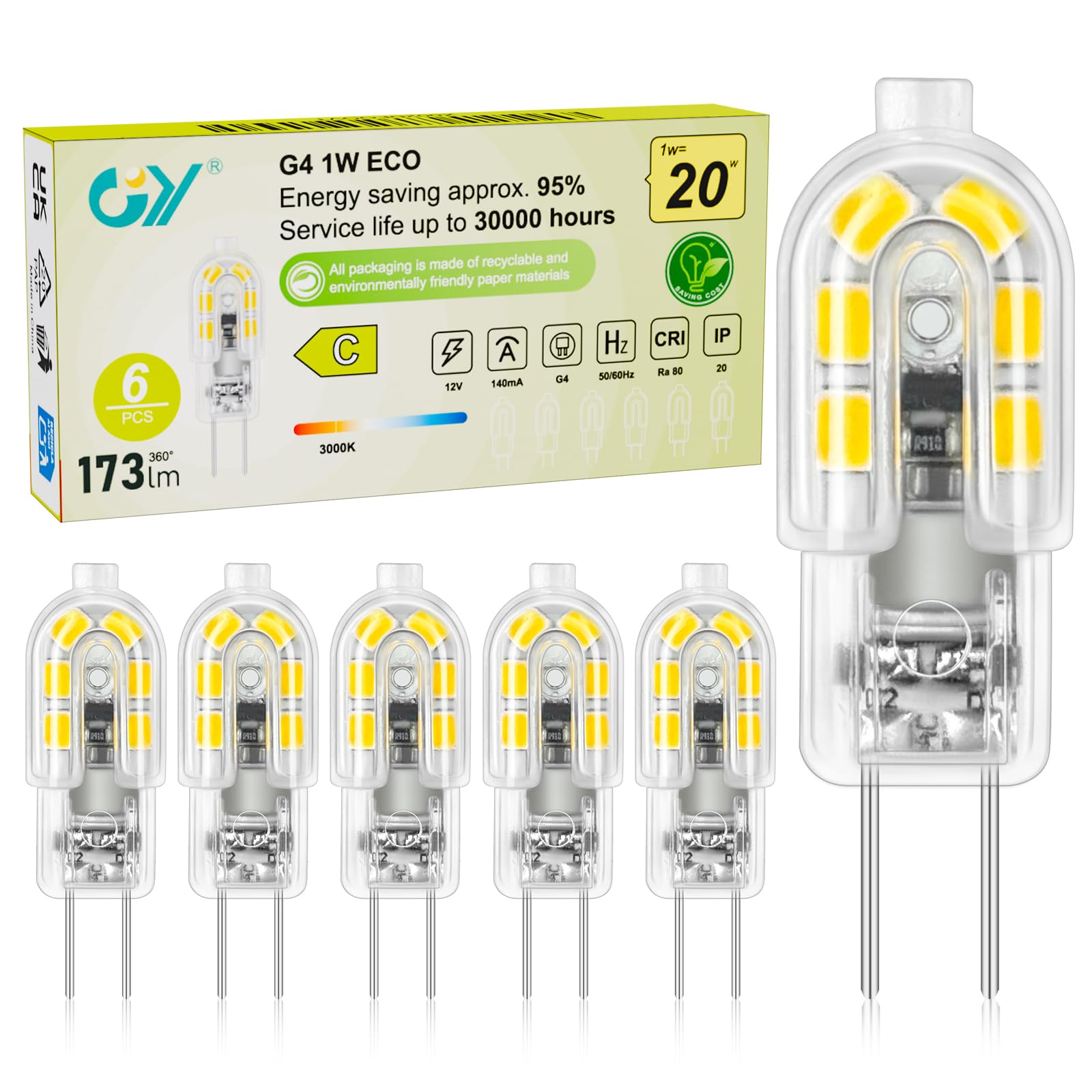 GY G4 1W Energy Saving LED Bulbs Warm White 3000K 12V 173LM Capsule Light Bulbs, Replace 20W Bulb, Non-Dimmable, Non Flicker, 6 Pack