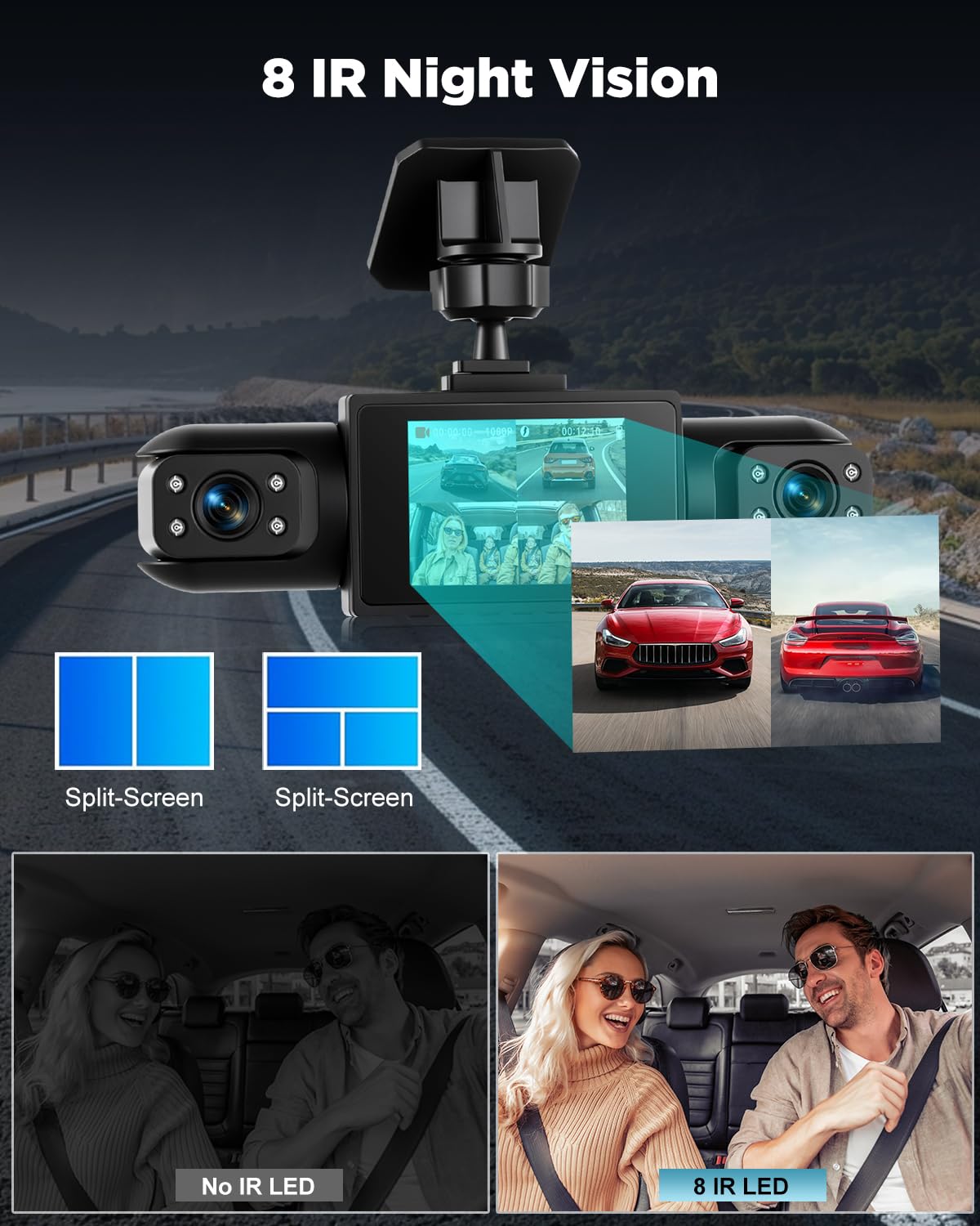 NHOPEEW Dash Cam a 4 canali 1080P – Telecamere anteriori, sinistre, destre e posteriori con grandangolo, display da 3", visione notturna IR, registrazione in loop, rilevamento del movimento