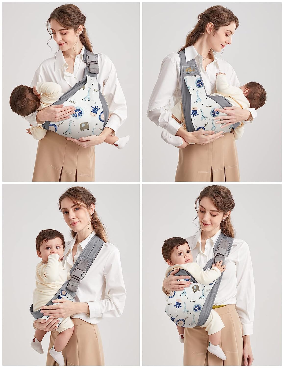 Fascia Porta Bebe, Marsupio Neonato Mumgaroo, Fascia Neonato Multifunzionale On the Go,Marsupio Neonato 0-36 mesi, Tutte le Stagioni, fino a 15kg (grigio e bianco)