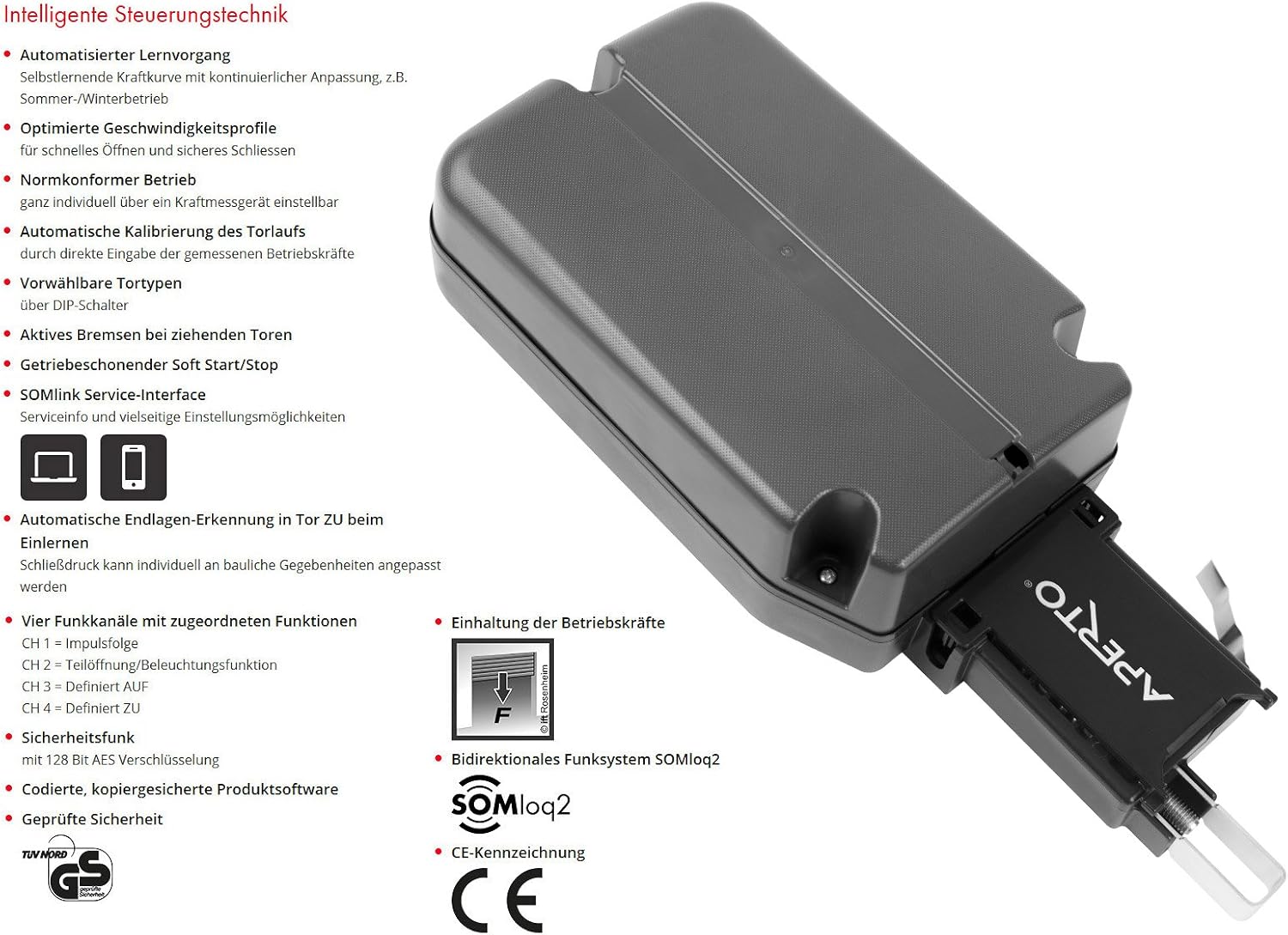 Intelligent control technology and safety features of Sommer Aperto A 800 XL.