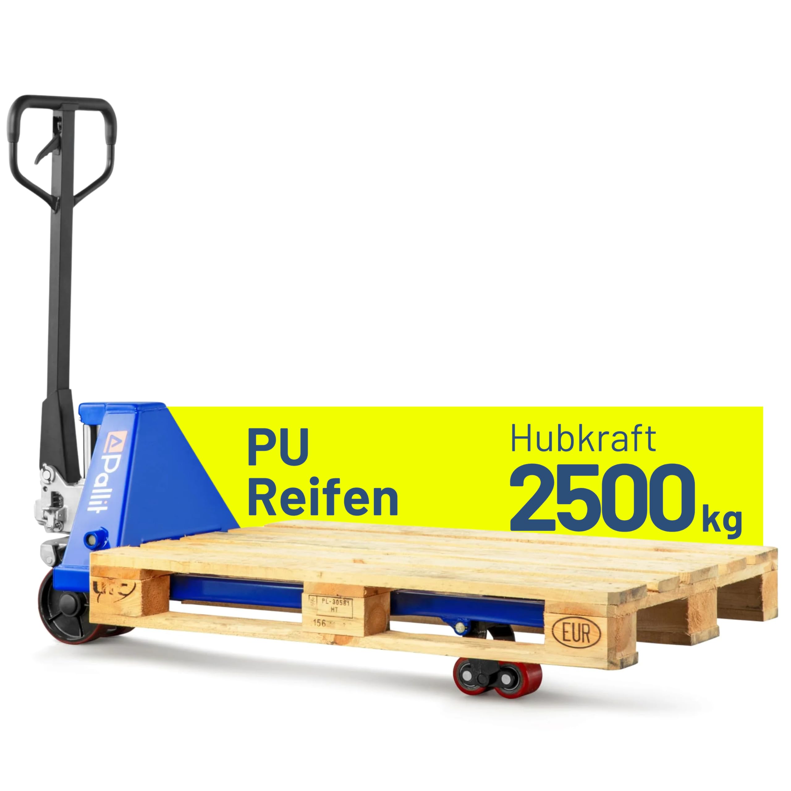 Pallit Hubwagen 2500 kg Palettenwagen 1150 mm Gabellänge PU Rollen Robuster Gabelhubwagen mit PU Polyurethan Rollen Handhubwagen aus Stahl, langlebig Palettenhubwagen SIX