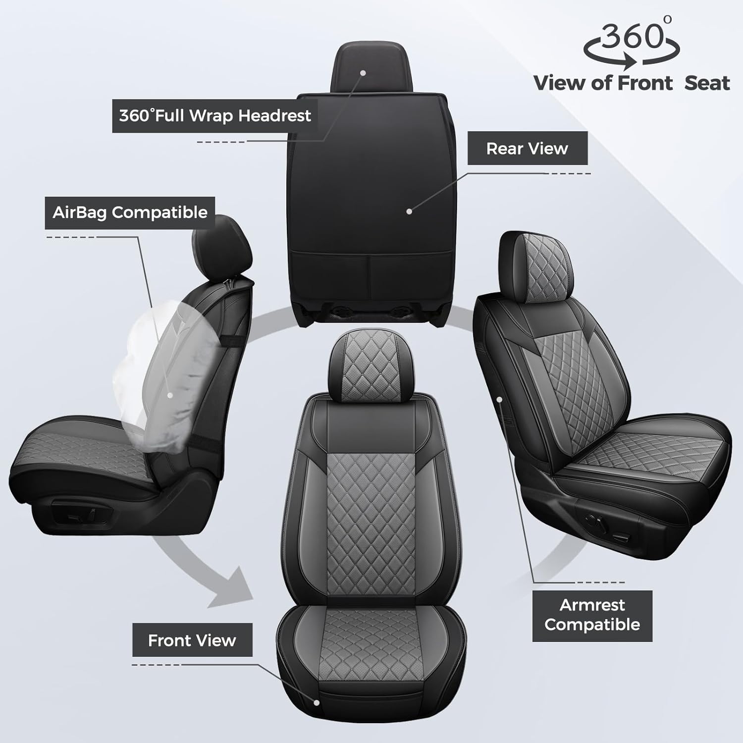 FREESOO Car Seat Covers Full Set for Dodge Ram 2002-2018 1500, 2011-2026 2500 3500 Classic Crew Cab Quad Cab Leather Seat Cover with Concave Bench, Black Grey